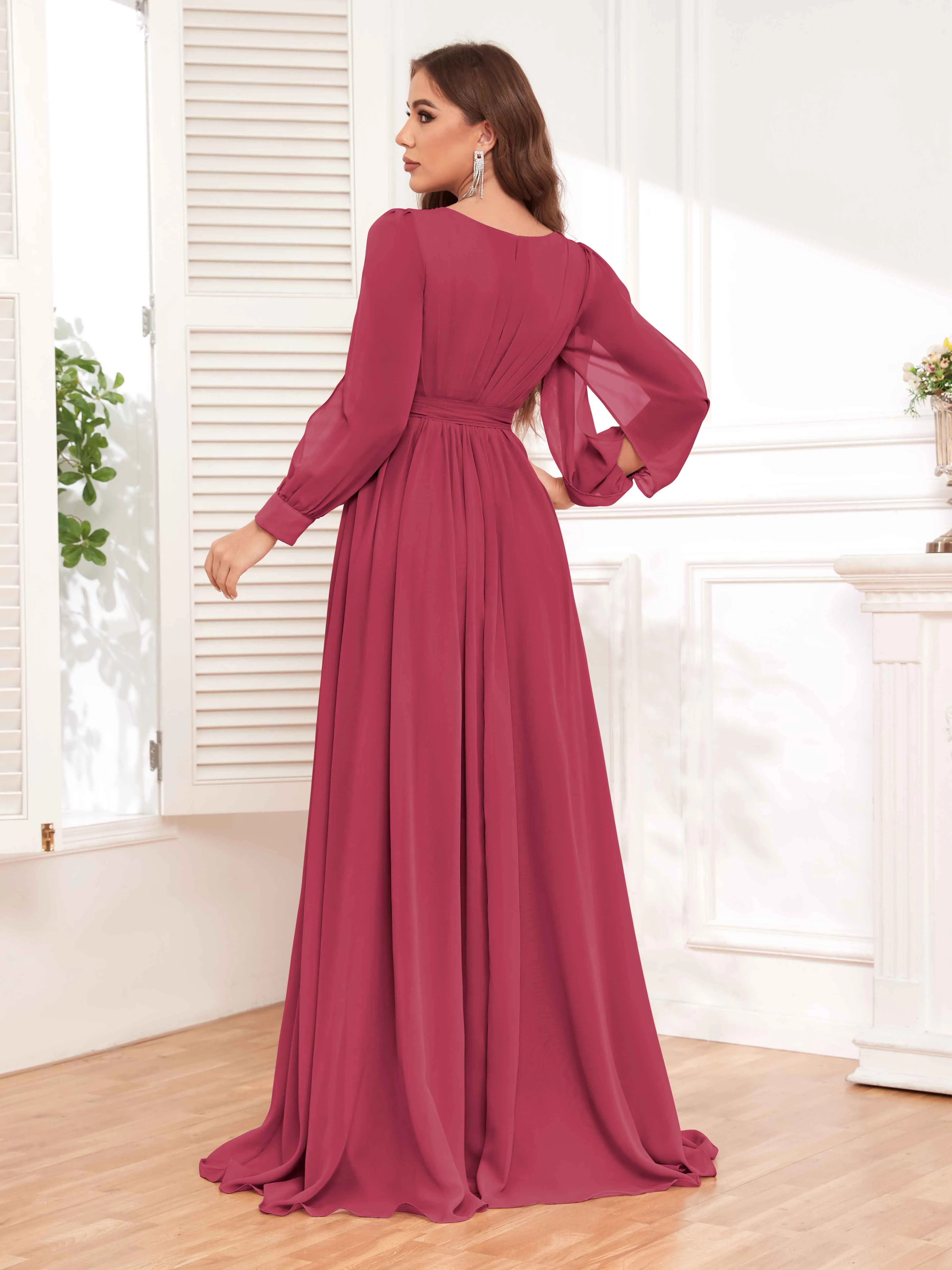 Adaline Flattering Slit Sleeves Long Chiffon Bridesmaid Dresses