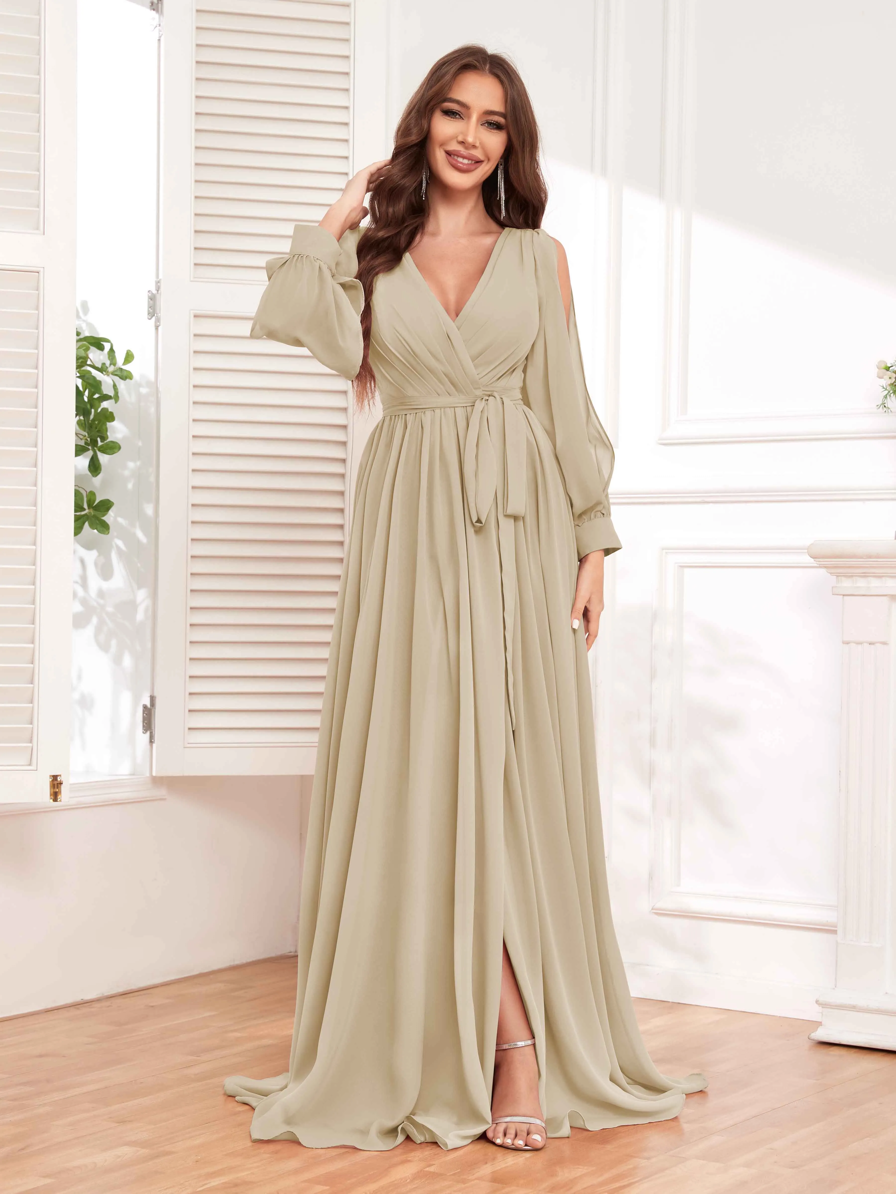 Adaline Flattering Slit Sleeves Long Chiffon Bridesmaid Dresses