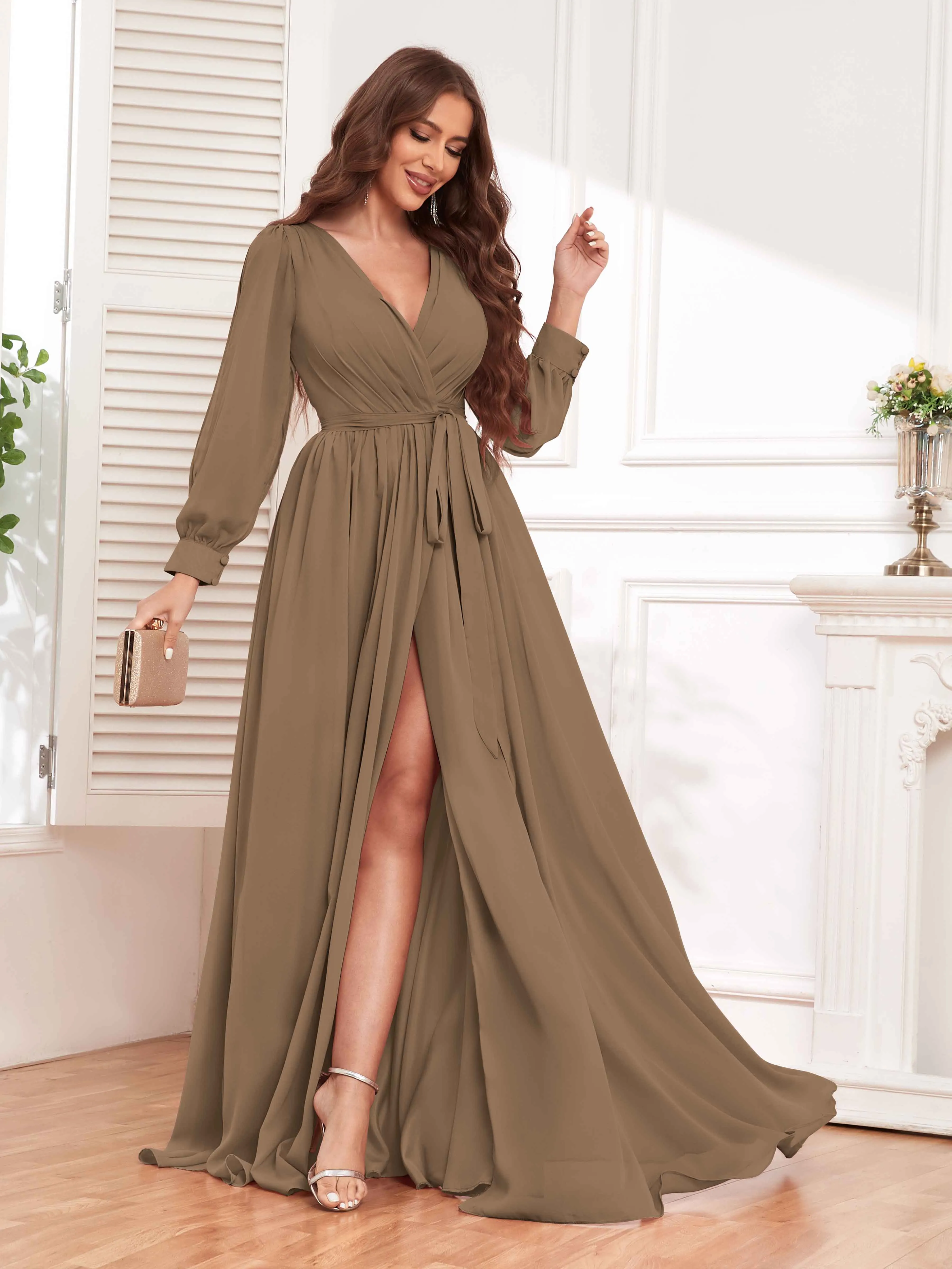 Adaline Flattering Slit Sleeves Long Chiffon Bridesmaid Dresses