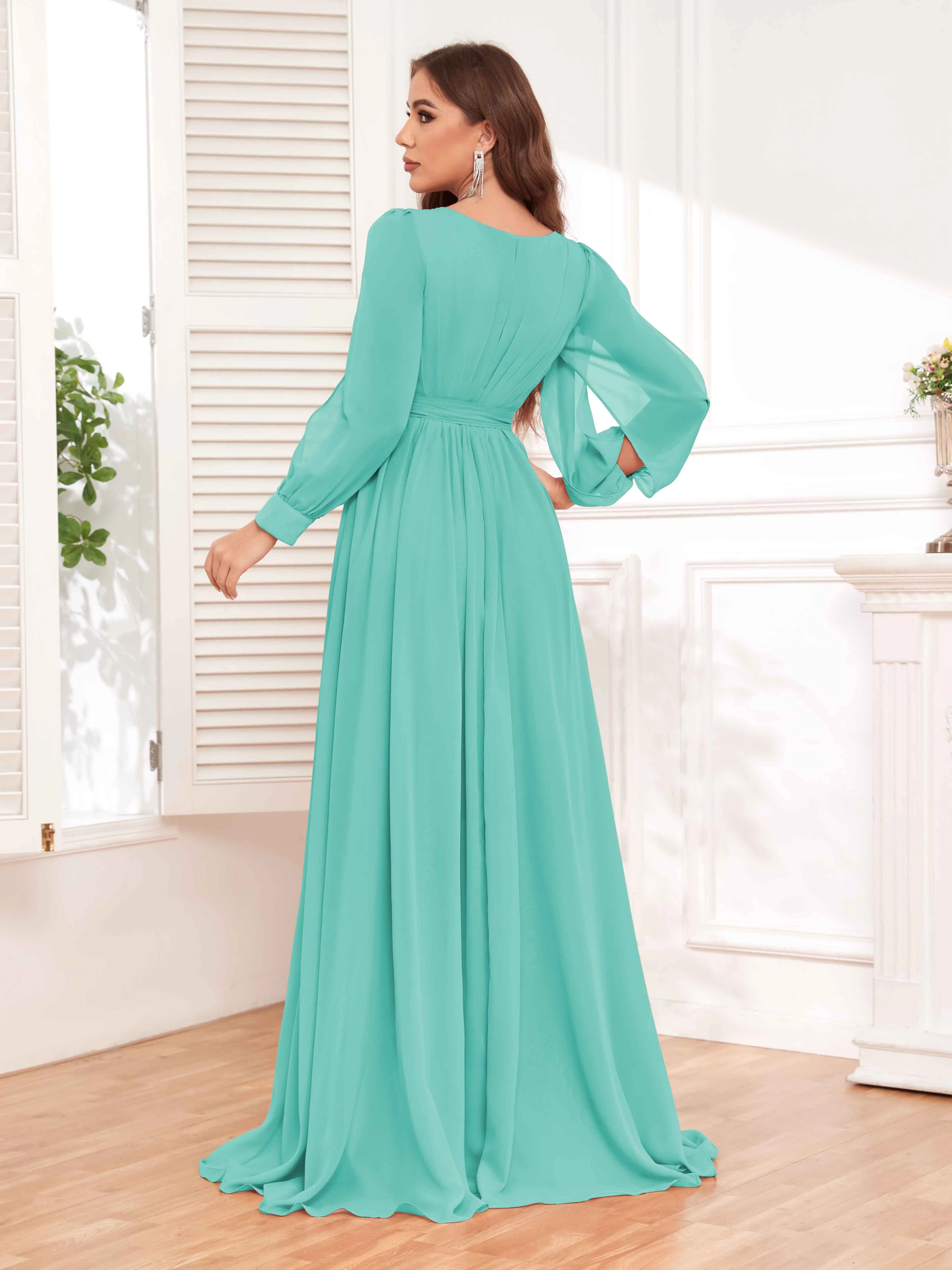 Adaline Flattering Slit Sleeves Long Chiffon Bridesmaid Dresses