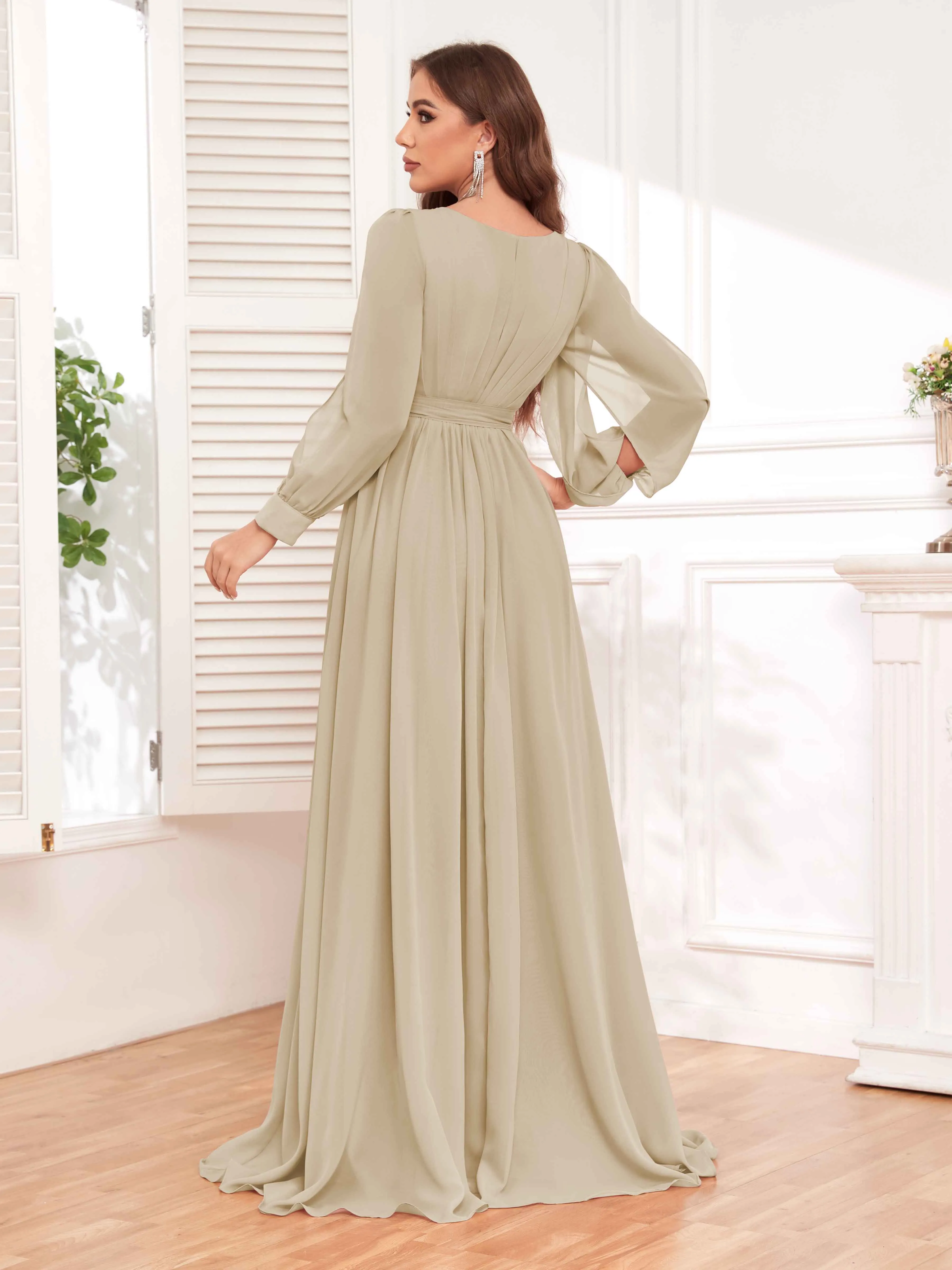 Adaline Flattering Slit Sleeves Long Chiffon Bridesmaid Dresses