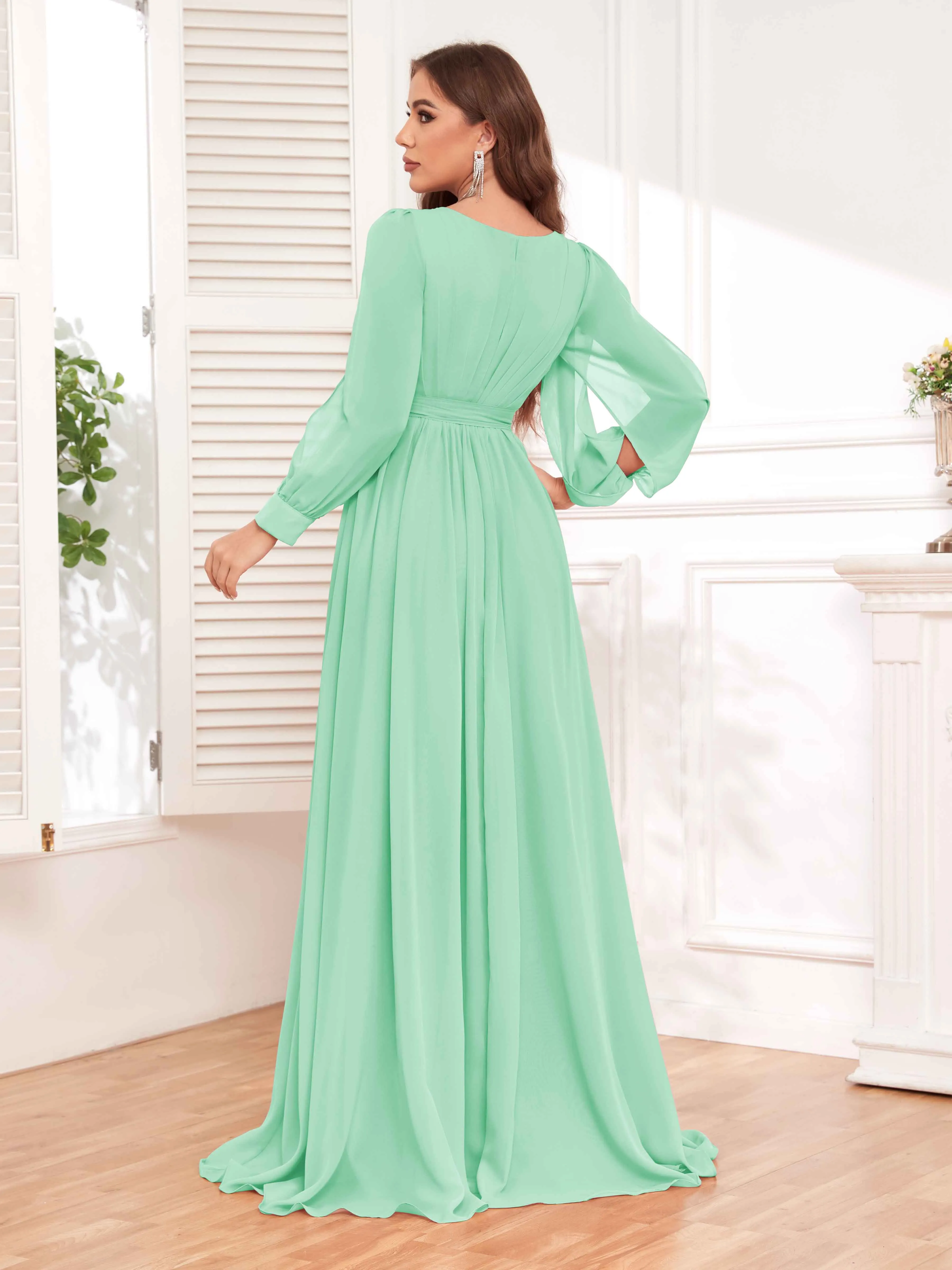 Adaline Flattering Slit Sleeves Long Chiffon Bridesmaid Dresses