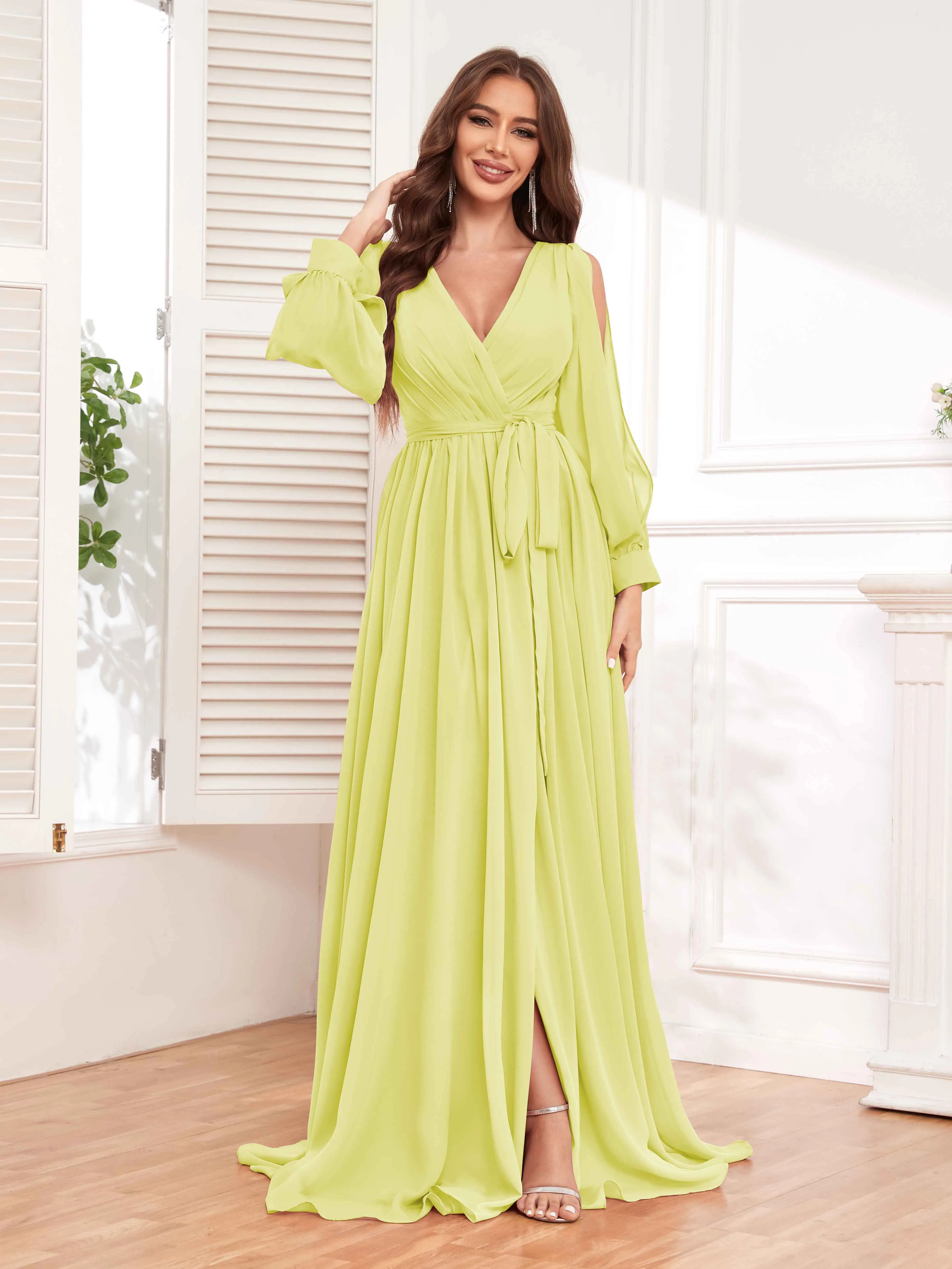 Adaline Flattering Slit Sleeves Long Chiffon Bridesmaid Dresses