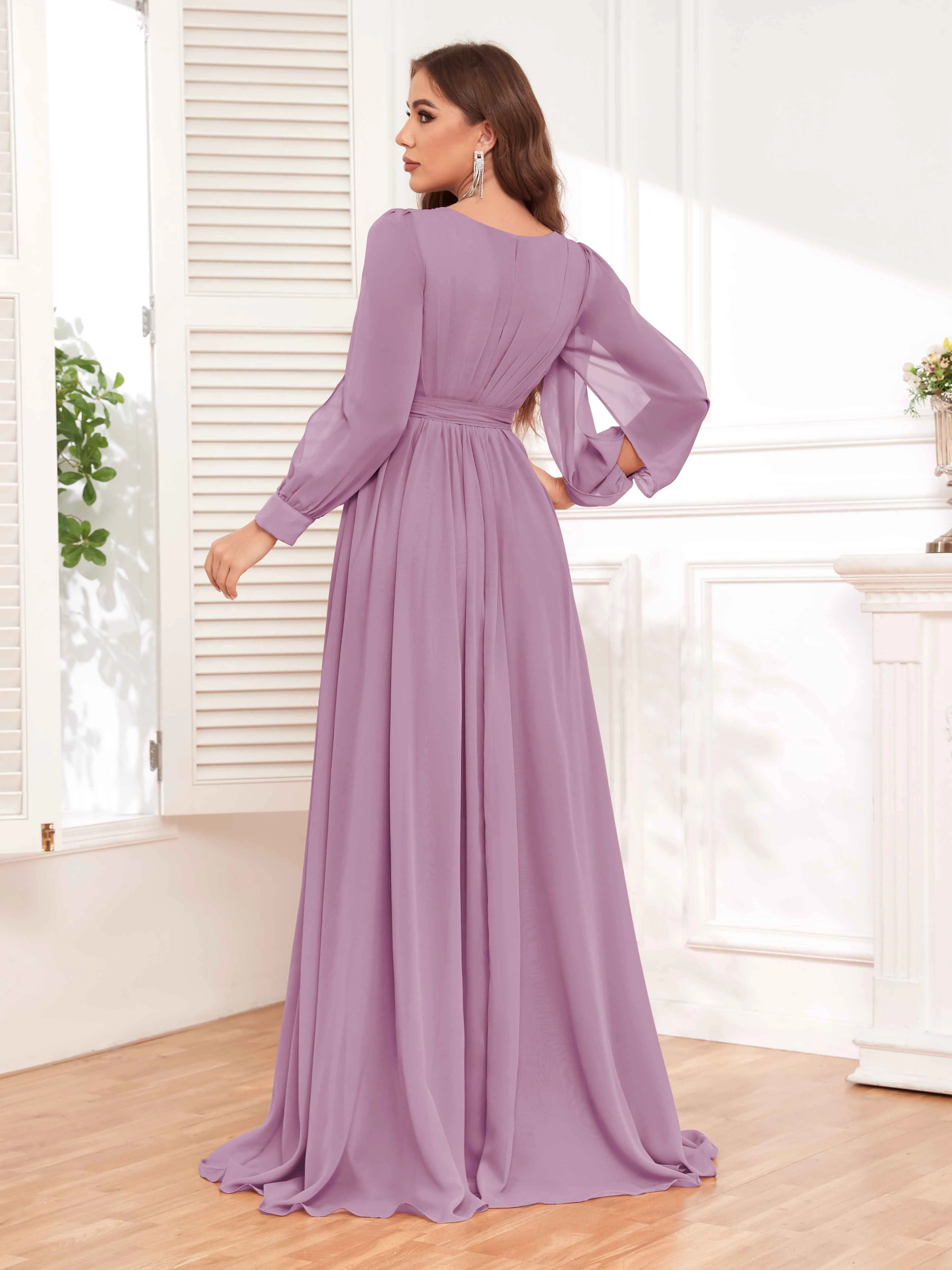 Adaline Flattering Slit Sleeves Long Chiffon Bridesmaid Dresses