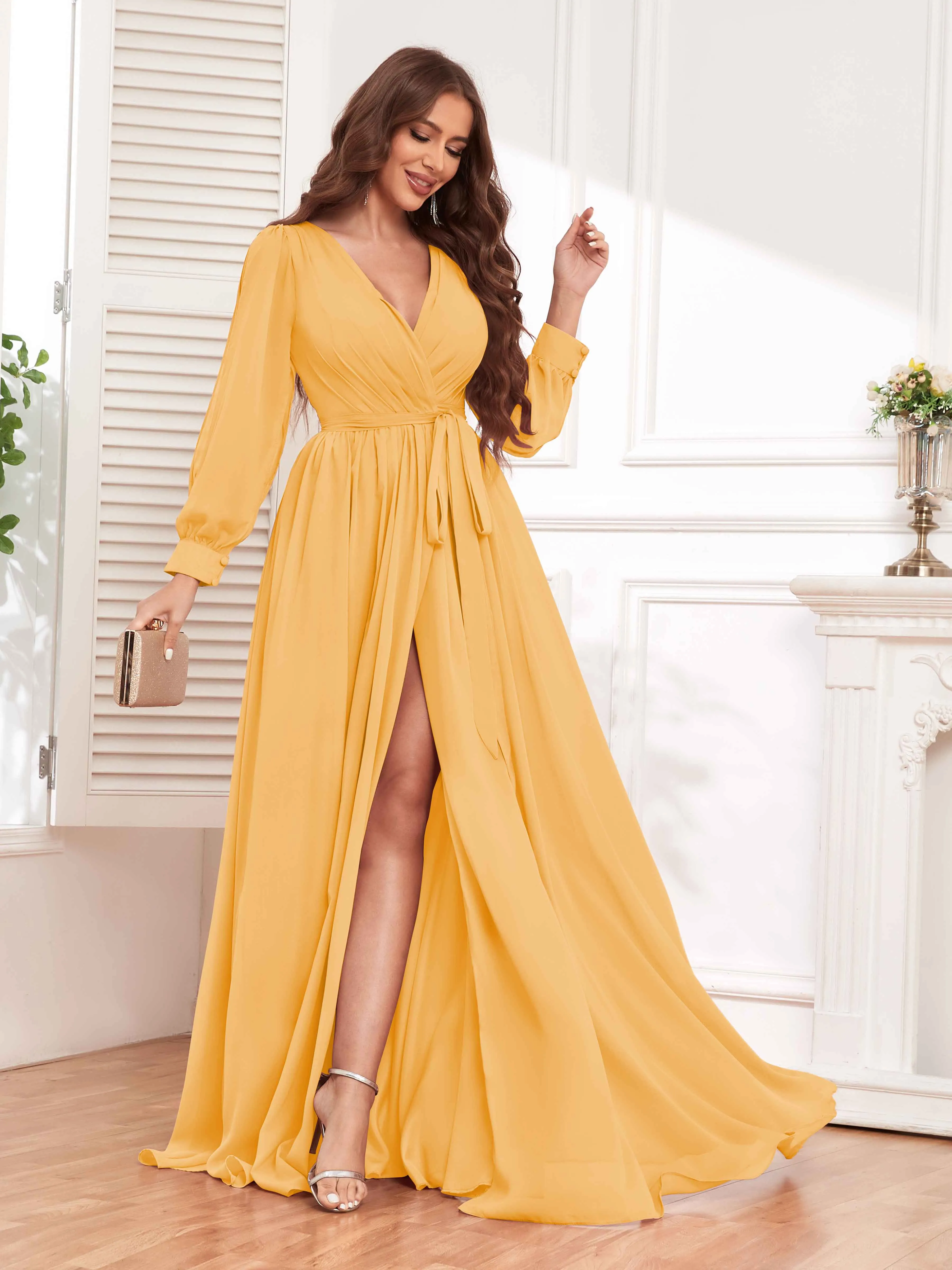 Adaline Flattering Slit Sleeves Long Chiffon Bridesmaid Dresses