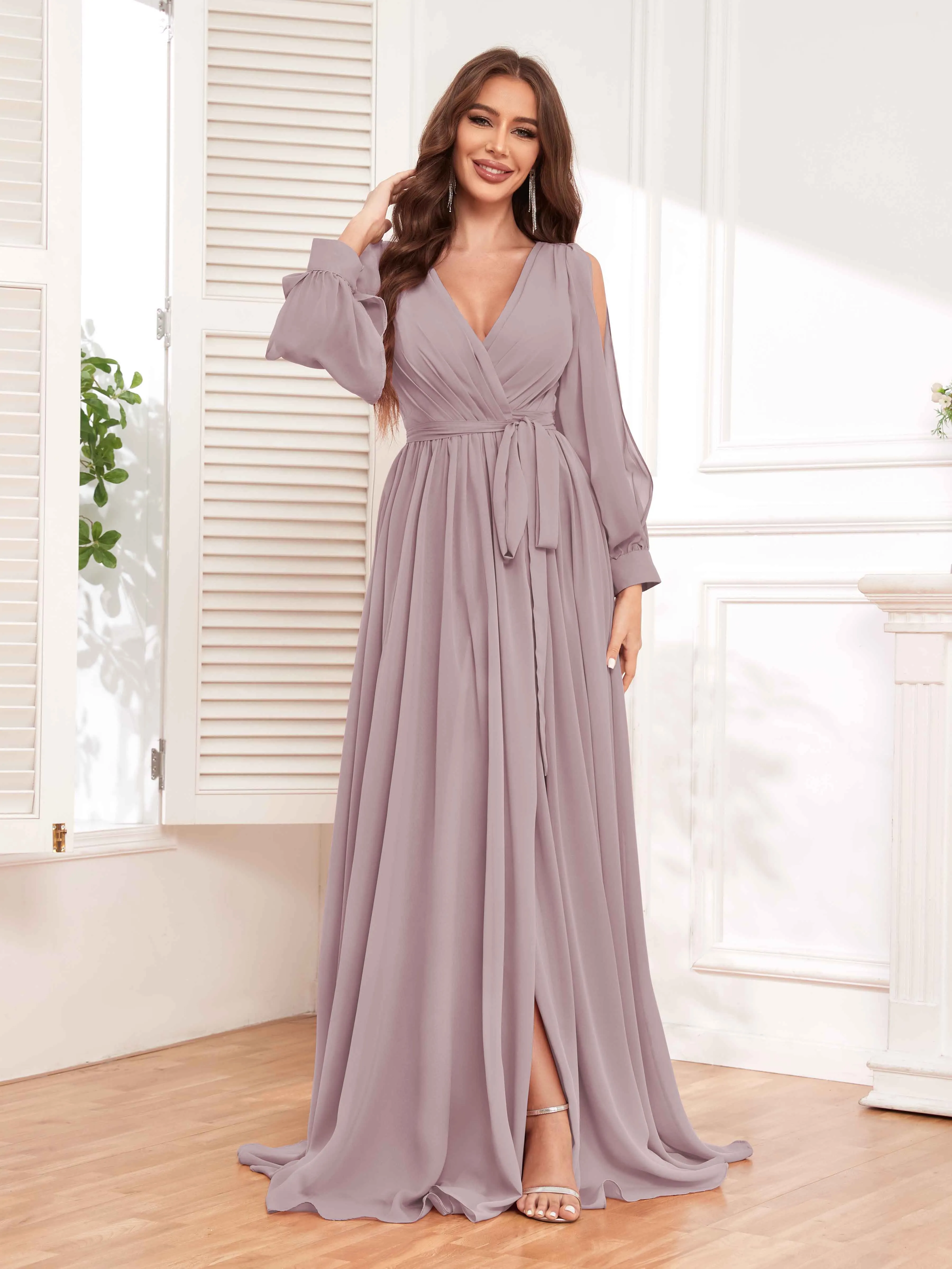 Adaline Flattering Slit Sleeves Long Chiffon Bridesmaid Dresses