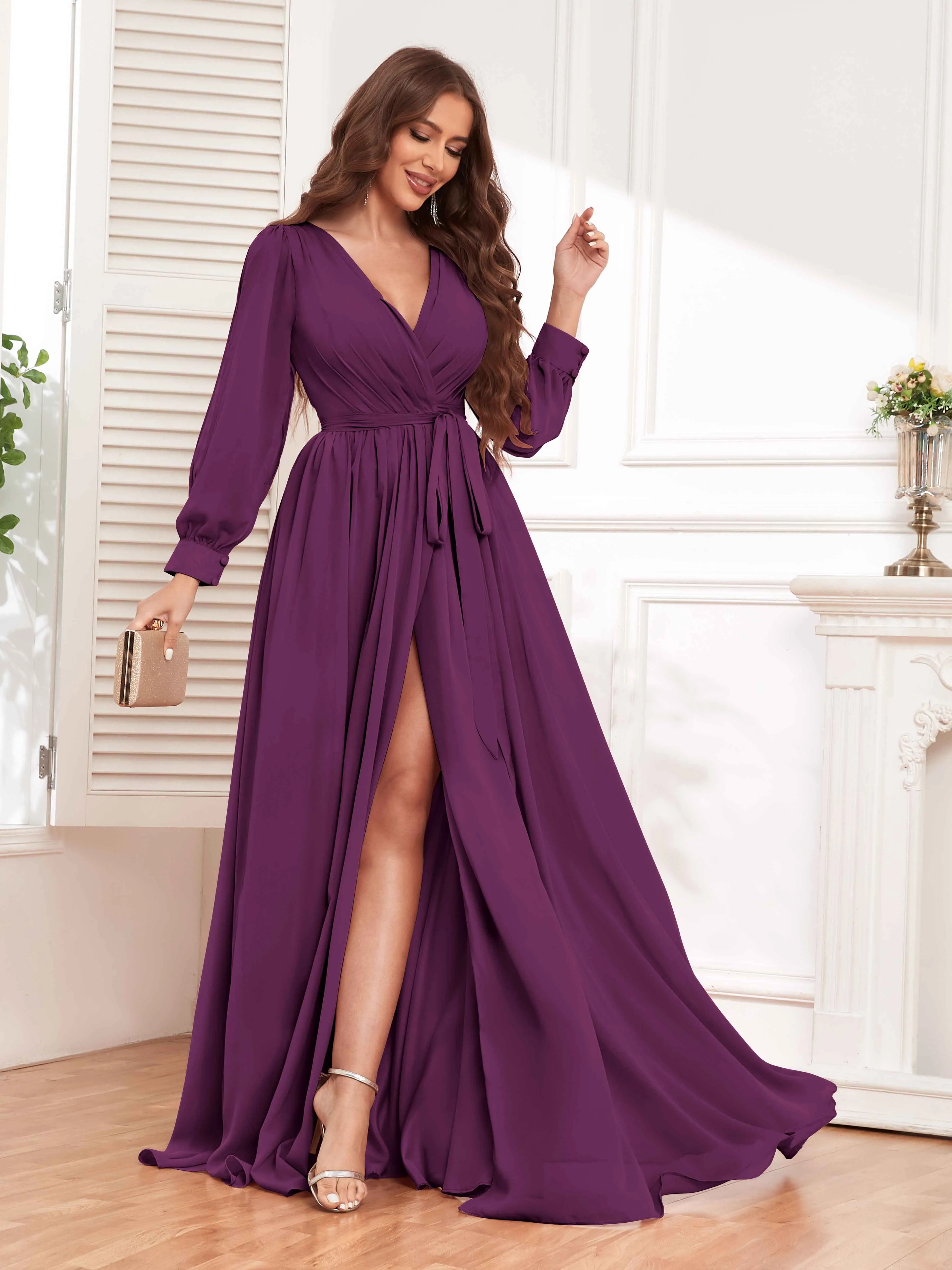 Adaline Flattering Slit Sleeves Long Chiffon Bridesmaid Dresses