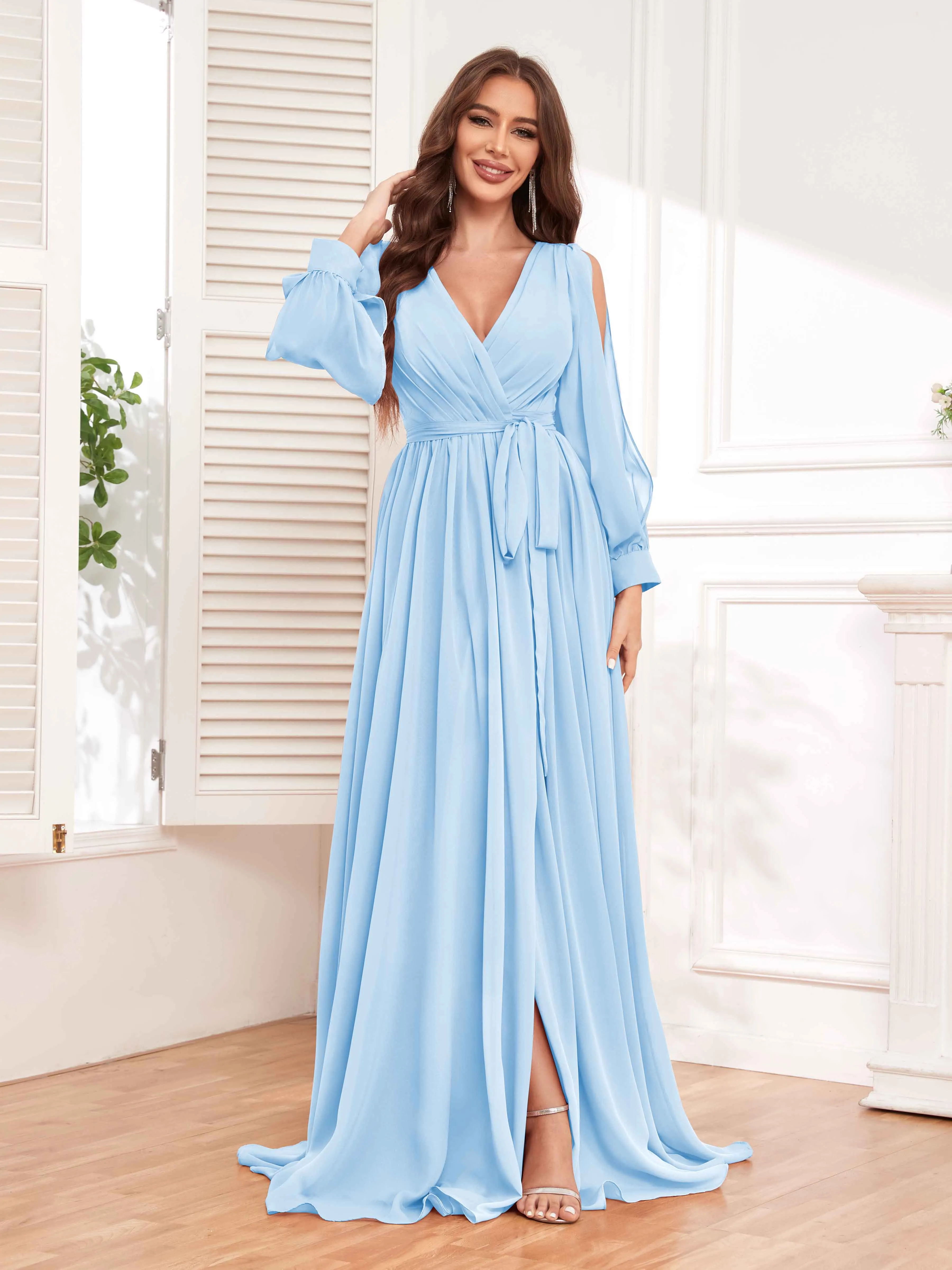 Adaline Flattering Slit Sleeves Long Chiffon Bridesmaid Dresses