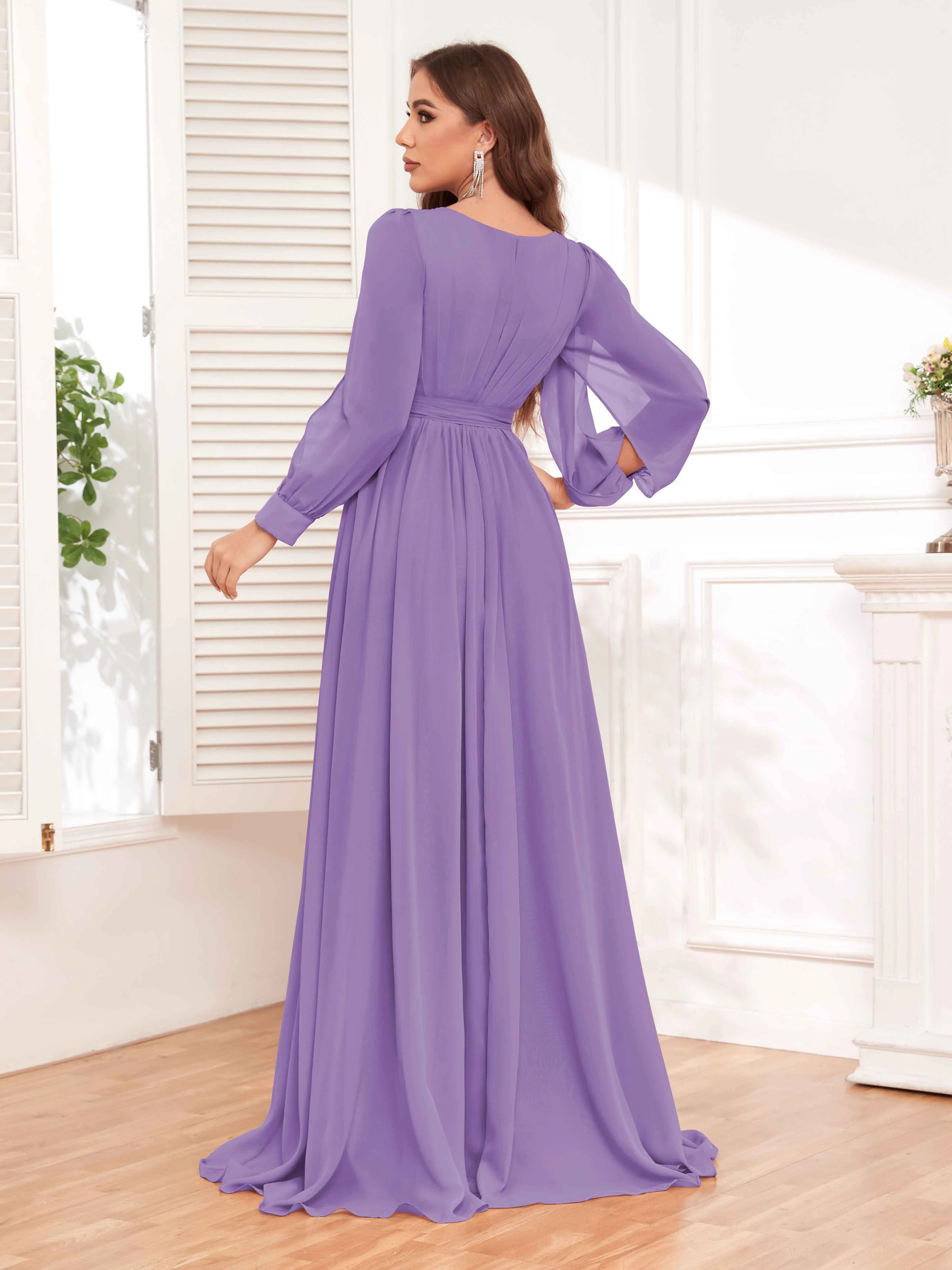 Adaline Flattering Slit Sleeves Long Chiffon Bridesmaid Dresses