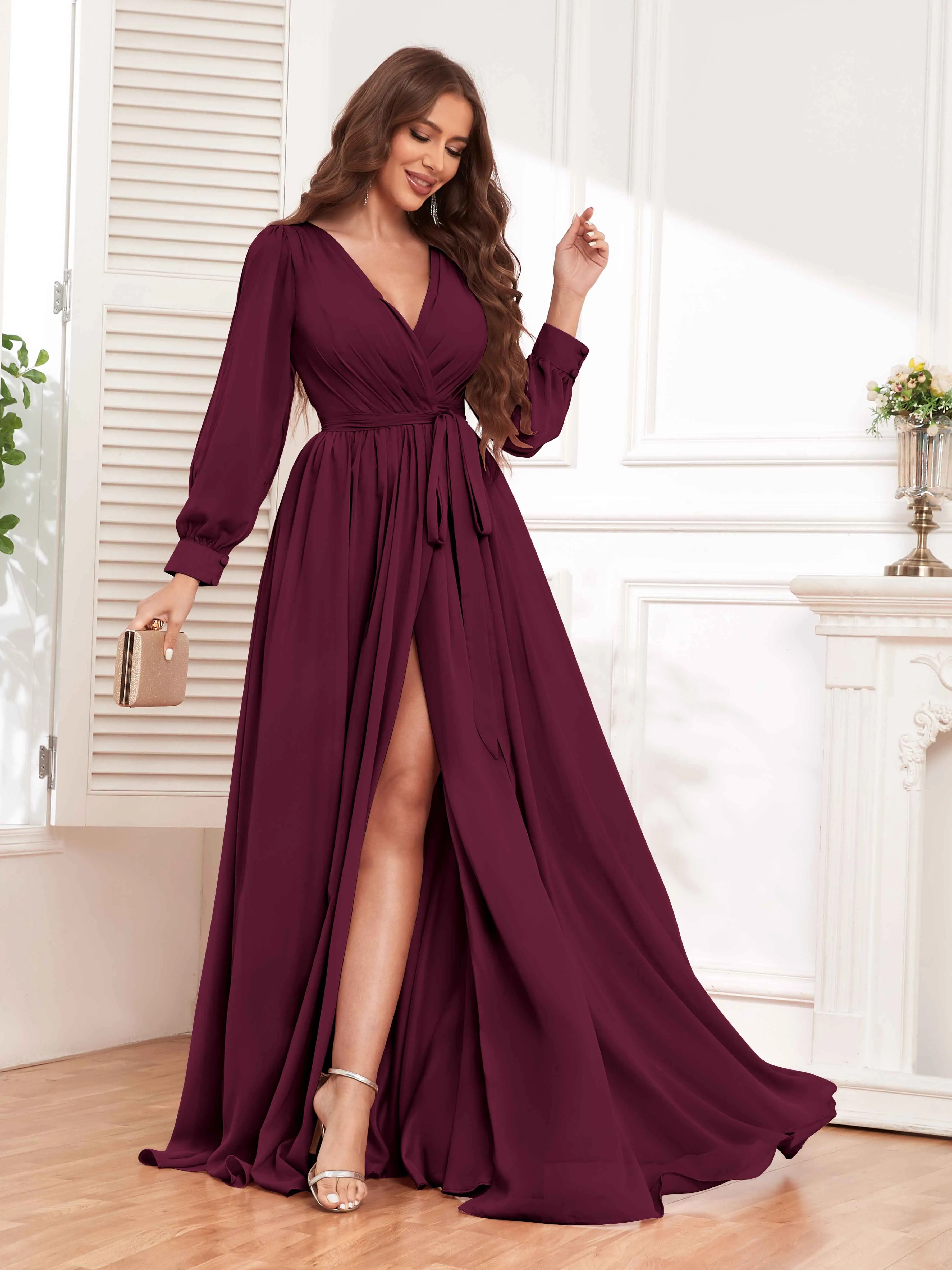 Adaline Flattering Slit Sleeves Long Chiffon Bridesmaid Dresses