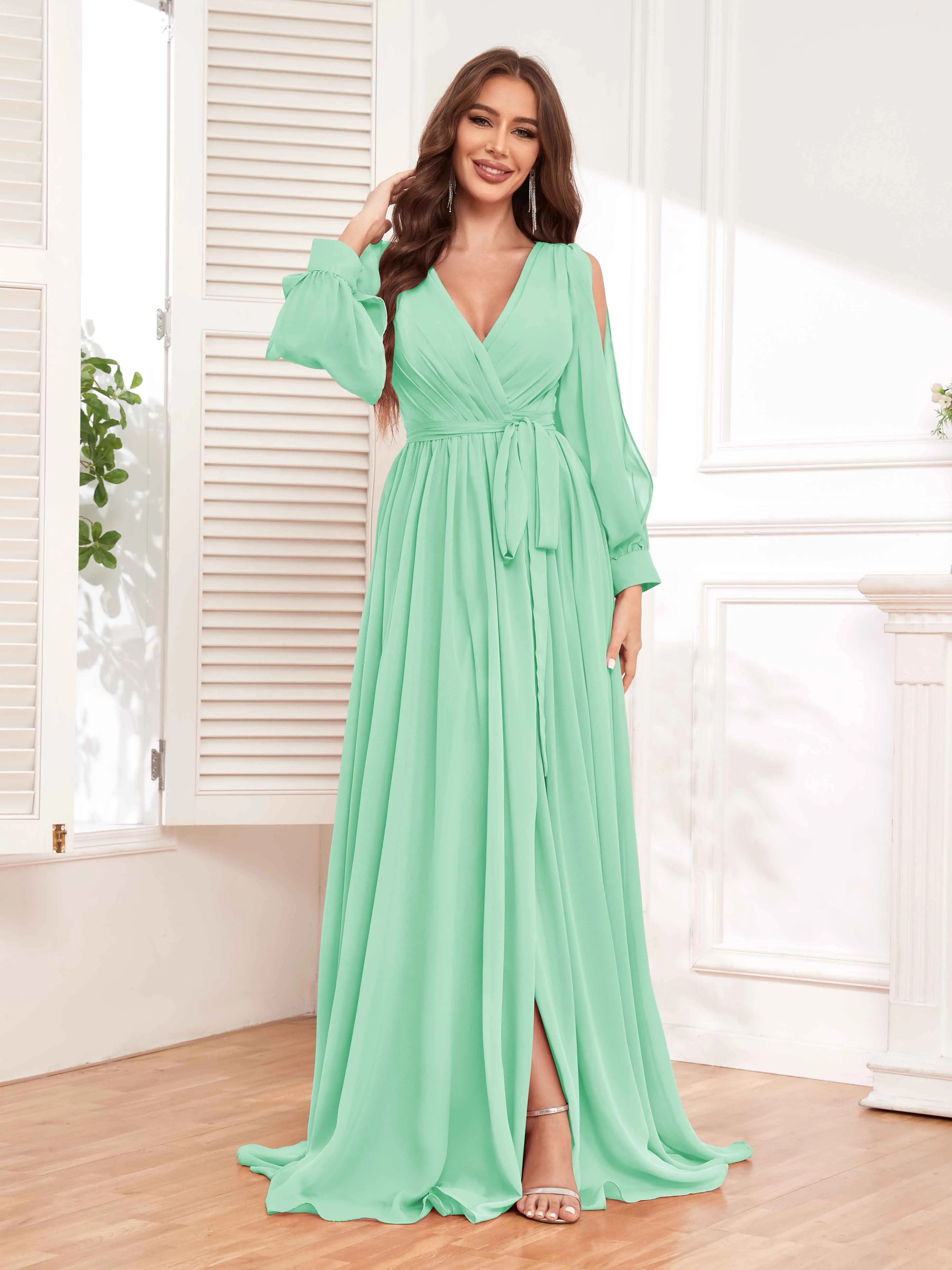 Adaline Flattering Slit Sleeves Long Chiffon Bridesmaid Dresses