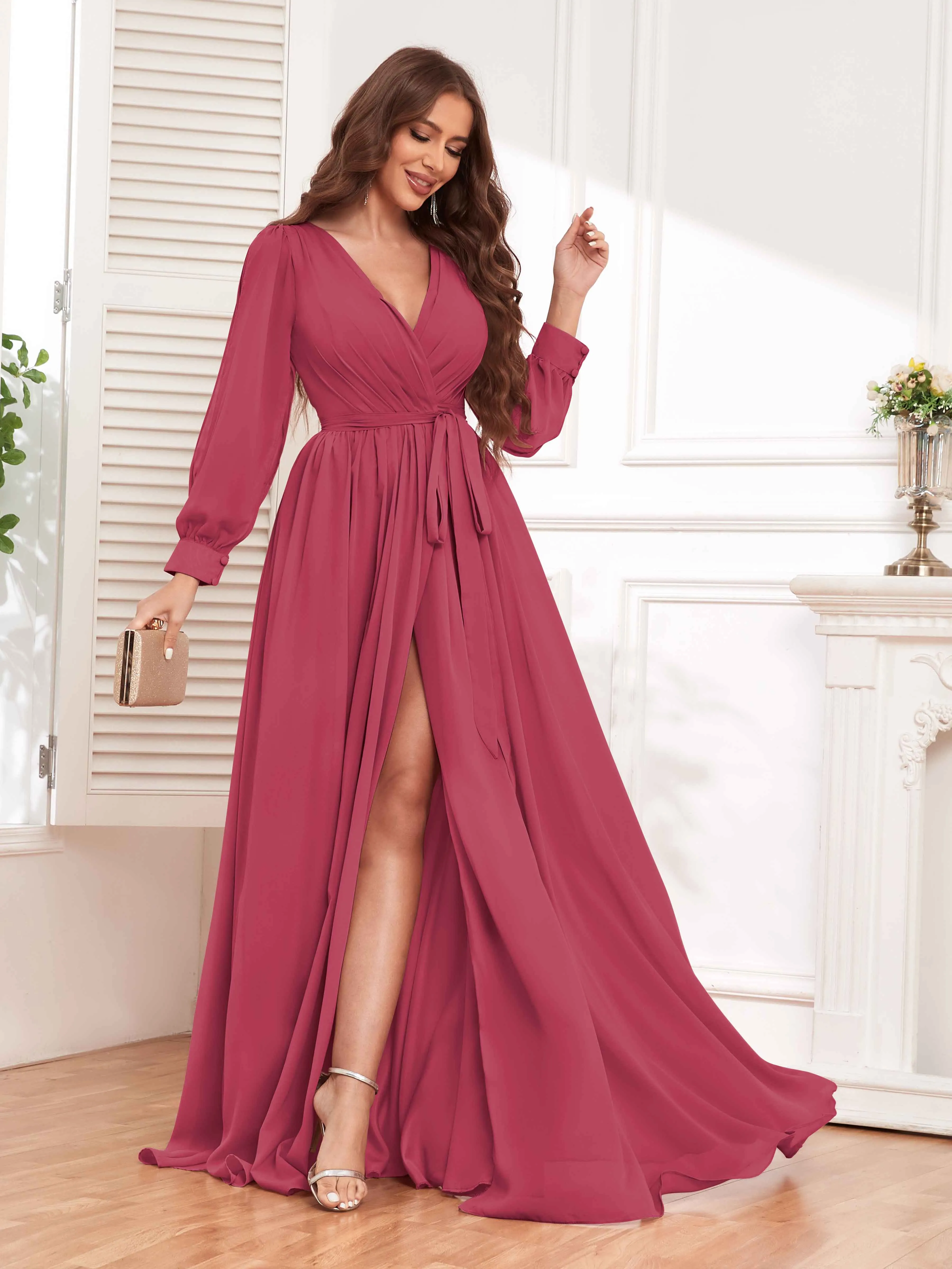 Adaline Flattering Slit Sleeves Long Chiffon Bridesmaid Dresses