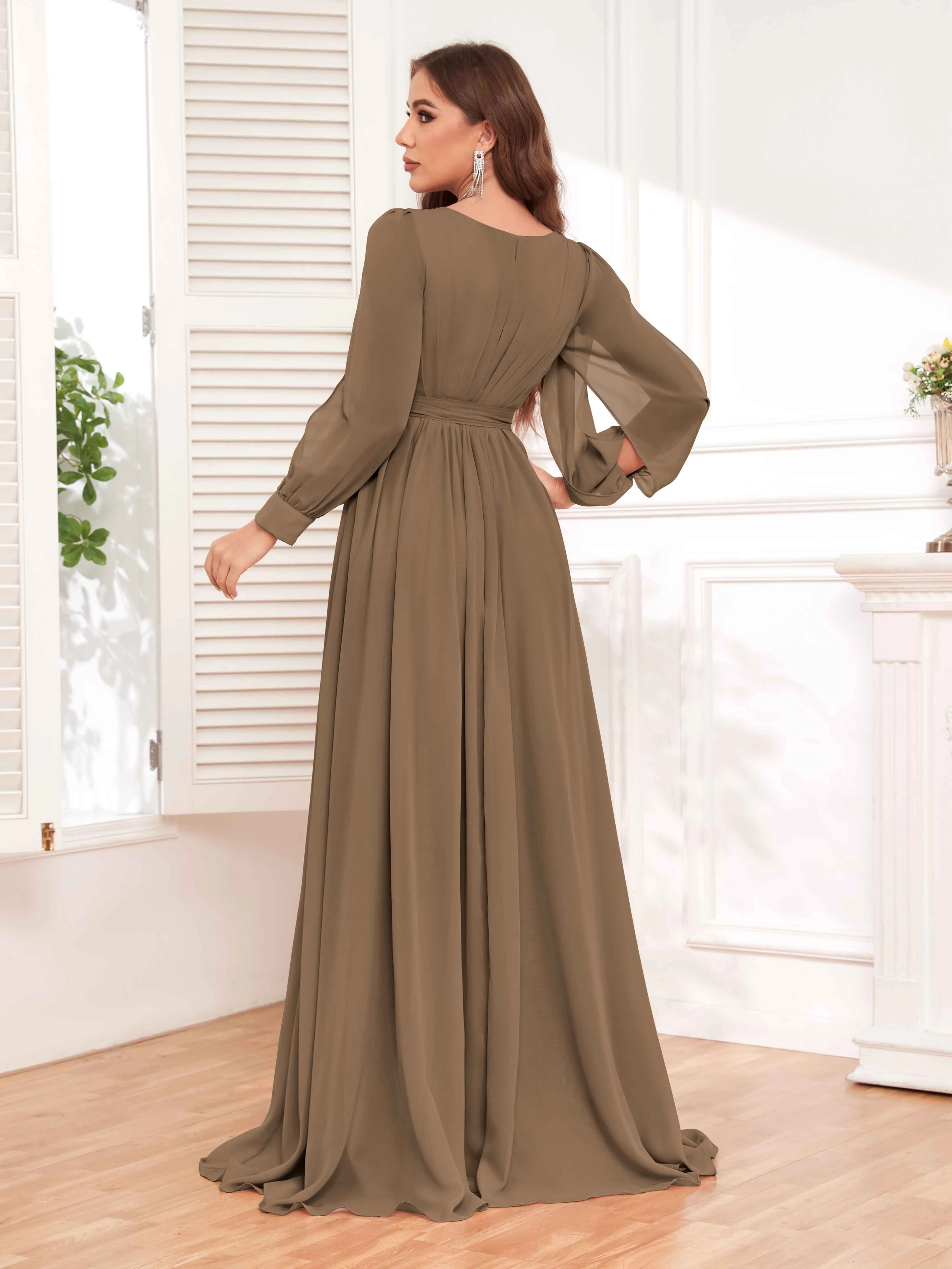 Adaline Flattering Slit Sleeves Long Chiffon Bridesmaid Dresses