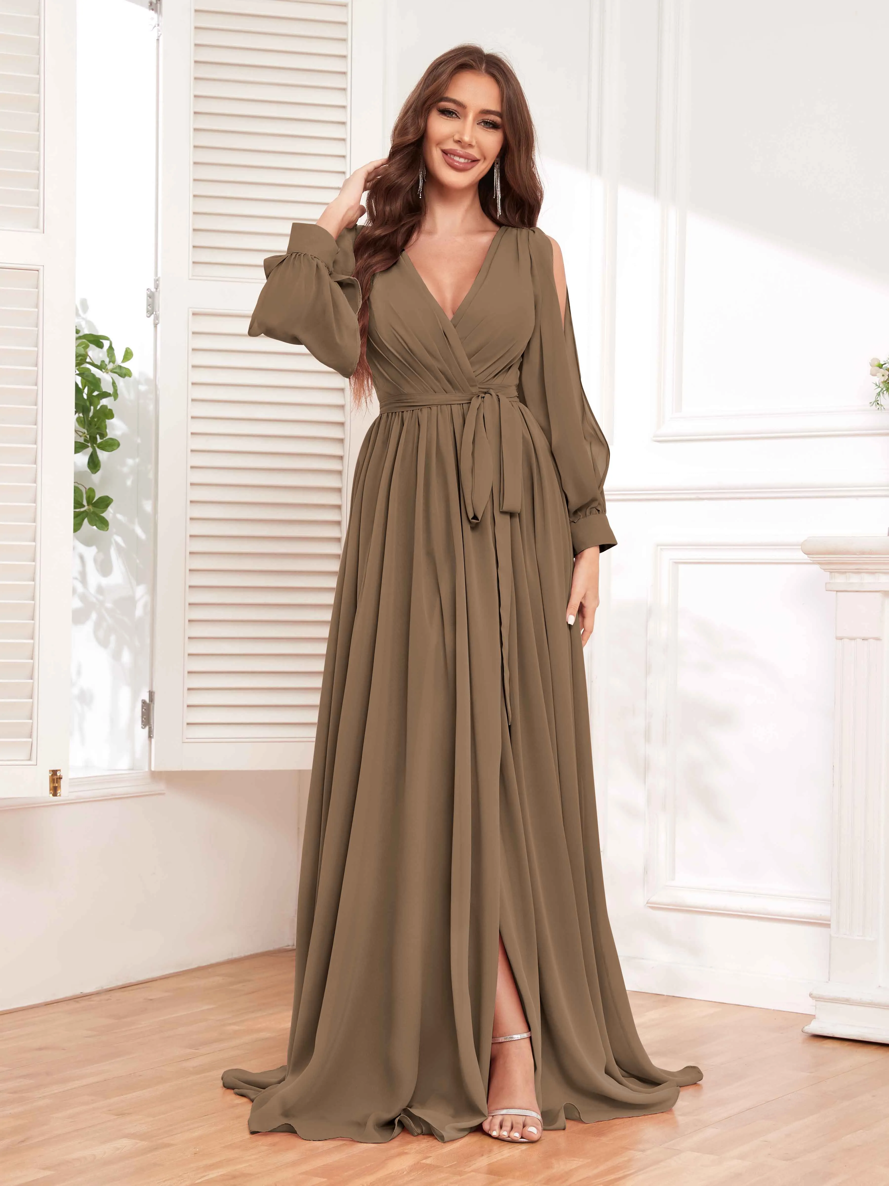 Adaline Flattering Slit Sleeves Long Chiffon Bridesmaid Dresses