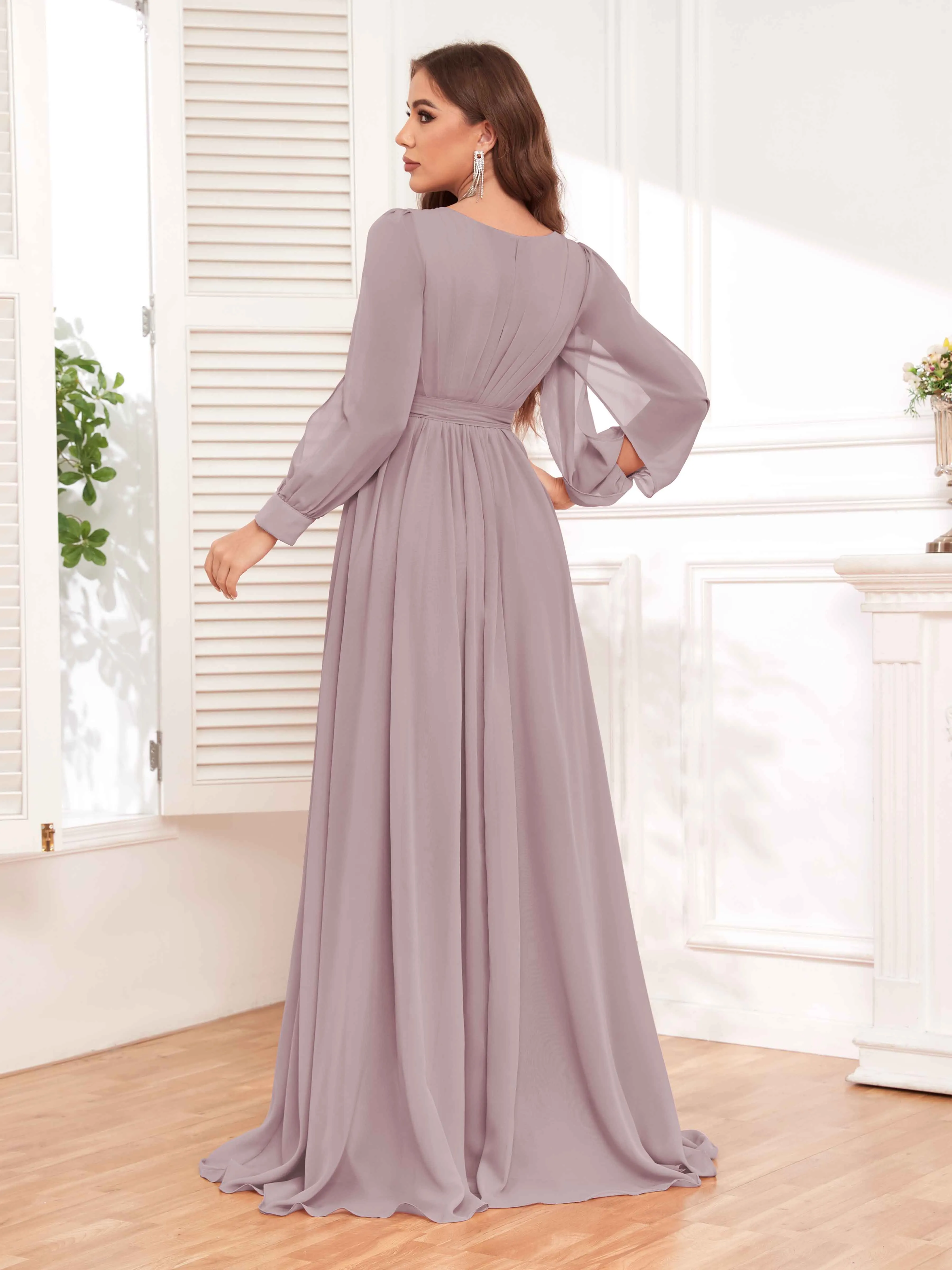 Adaline Flattering Slit Sleeves Long Chiffon Bridesmaid Dresses