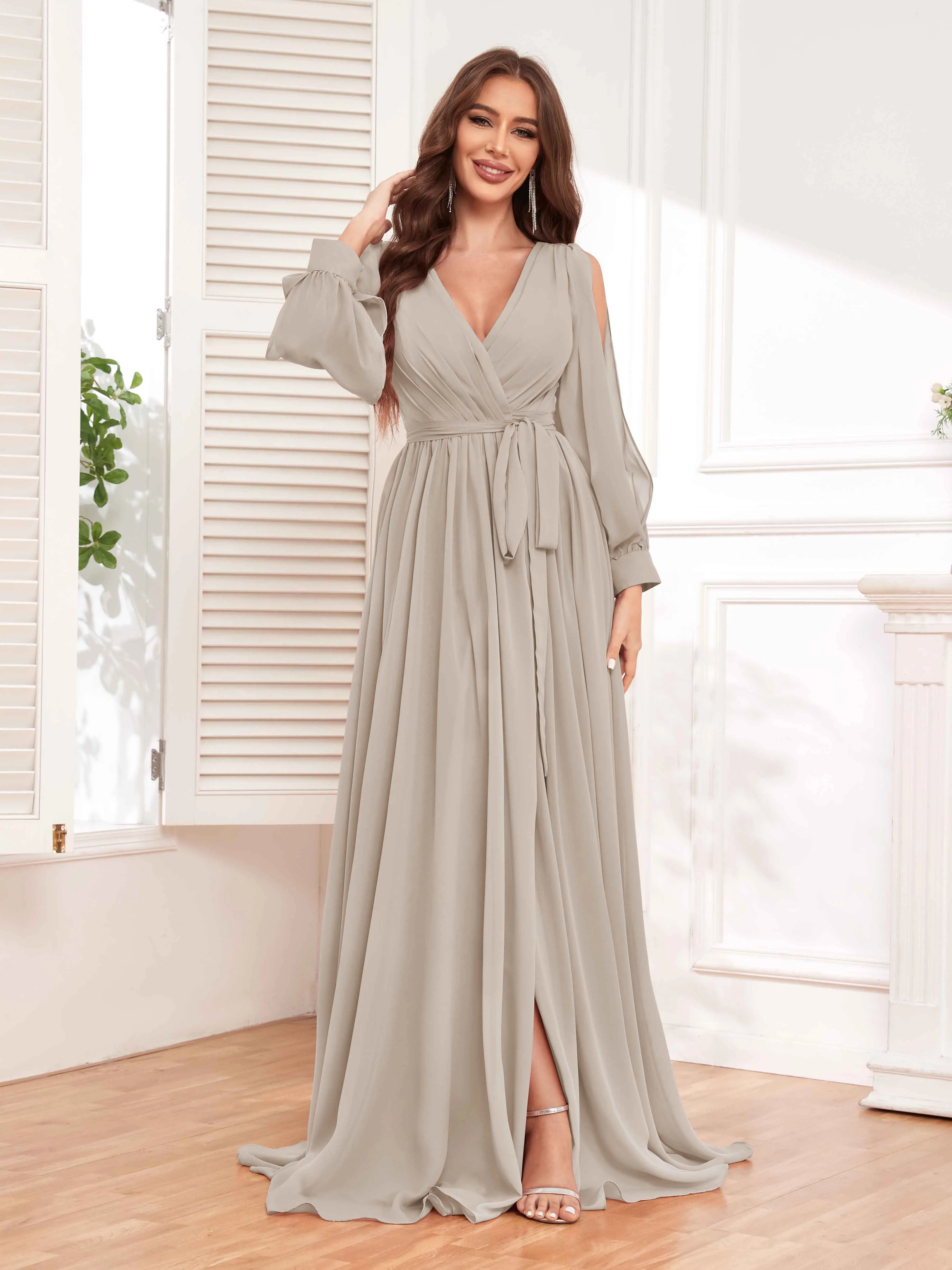 Adaline Flattering Slit Sleeves Long Chiffon Bridesmaid Dresses