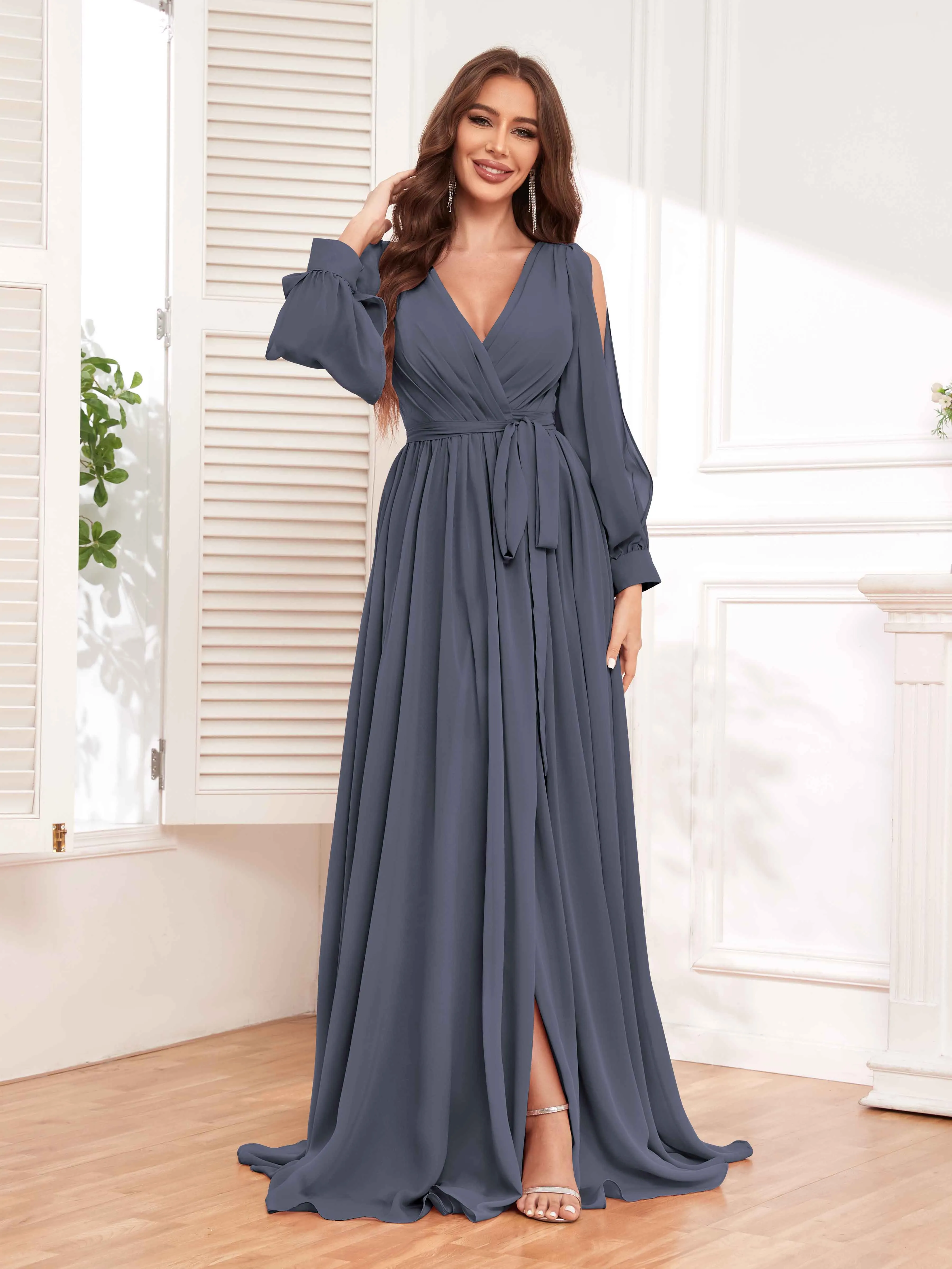 Adaline Flattering Slit Sleeves Long Chiffon Bridesmaid Dresses