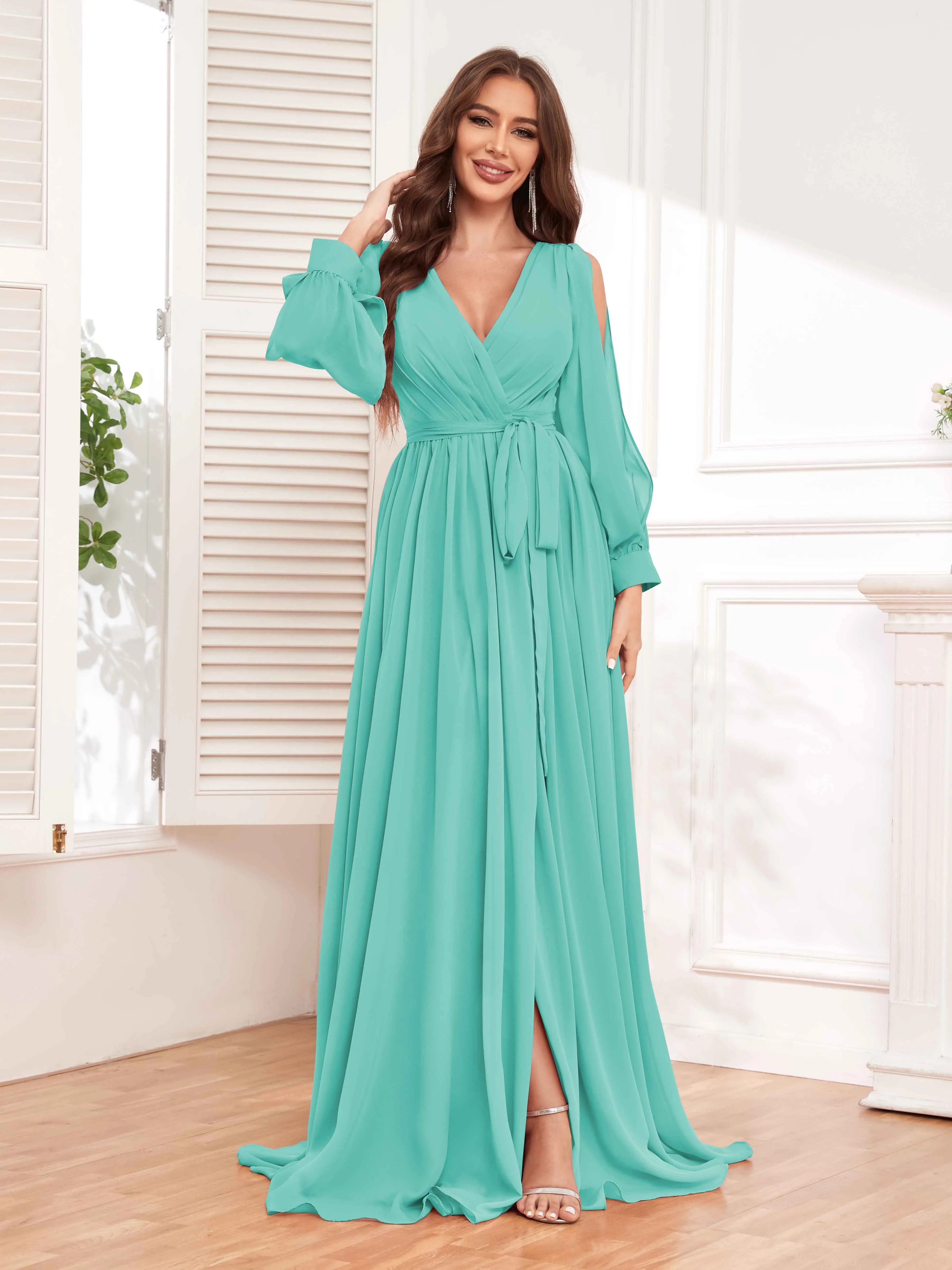 Adaline Flattering Slit Sleeves Long Chiffon Bridesmaid Dresses