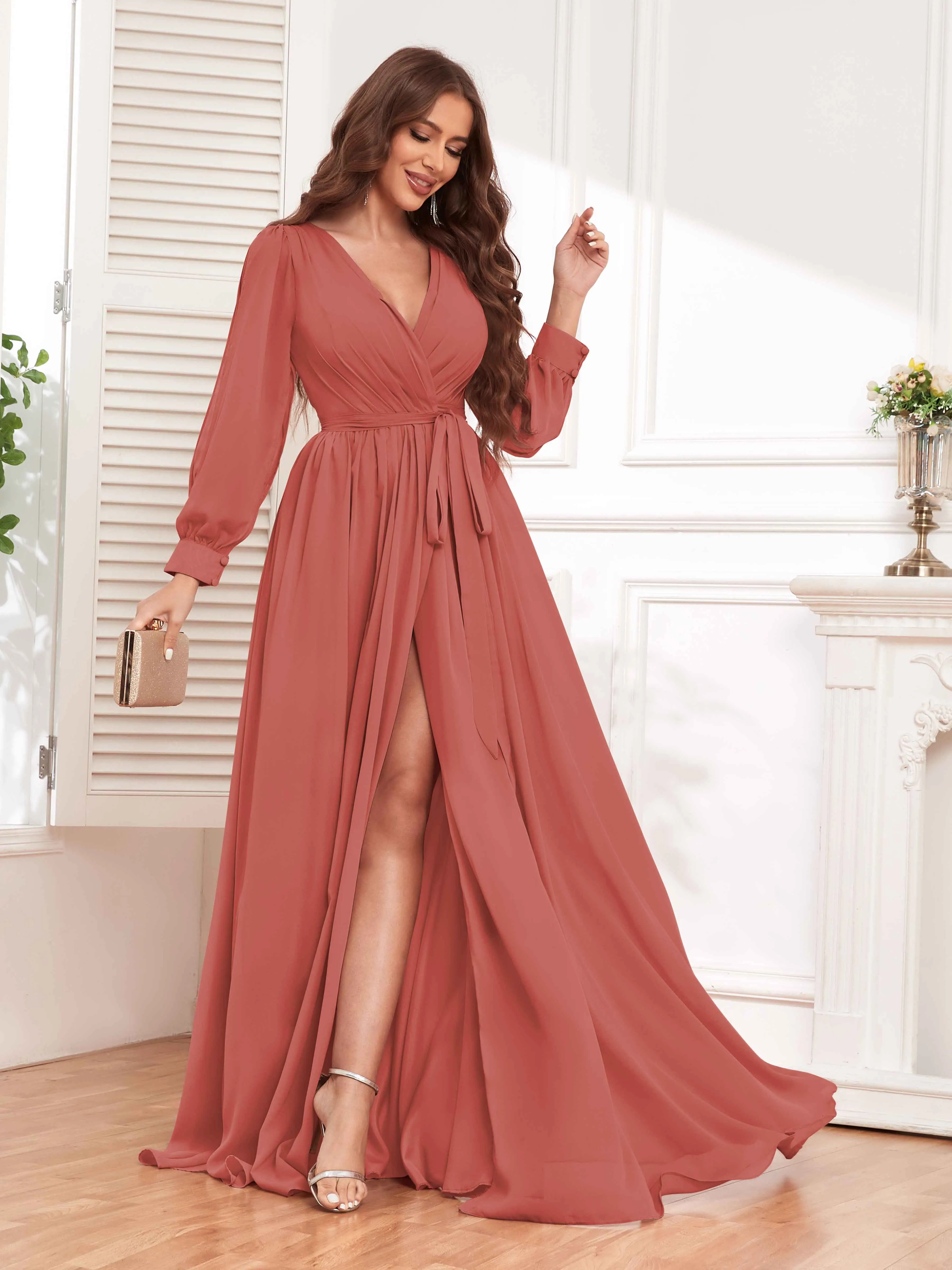 Adaline Flattering Slit Sleeves Long Chiffon Bridesmaid Dresses