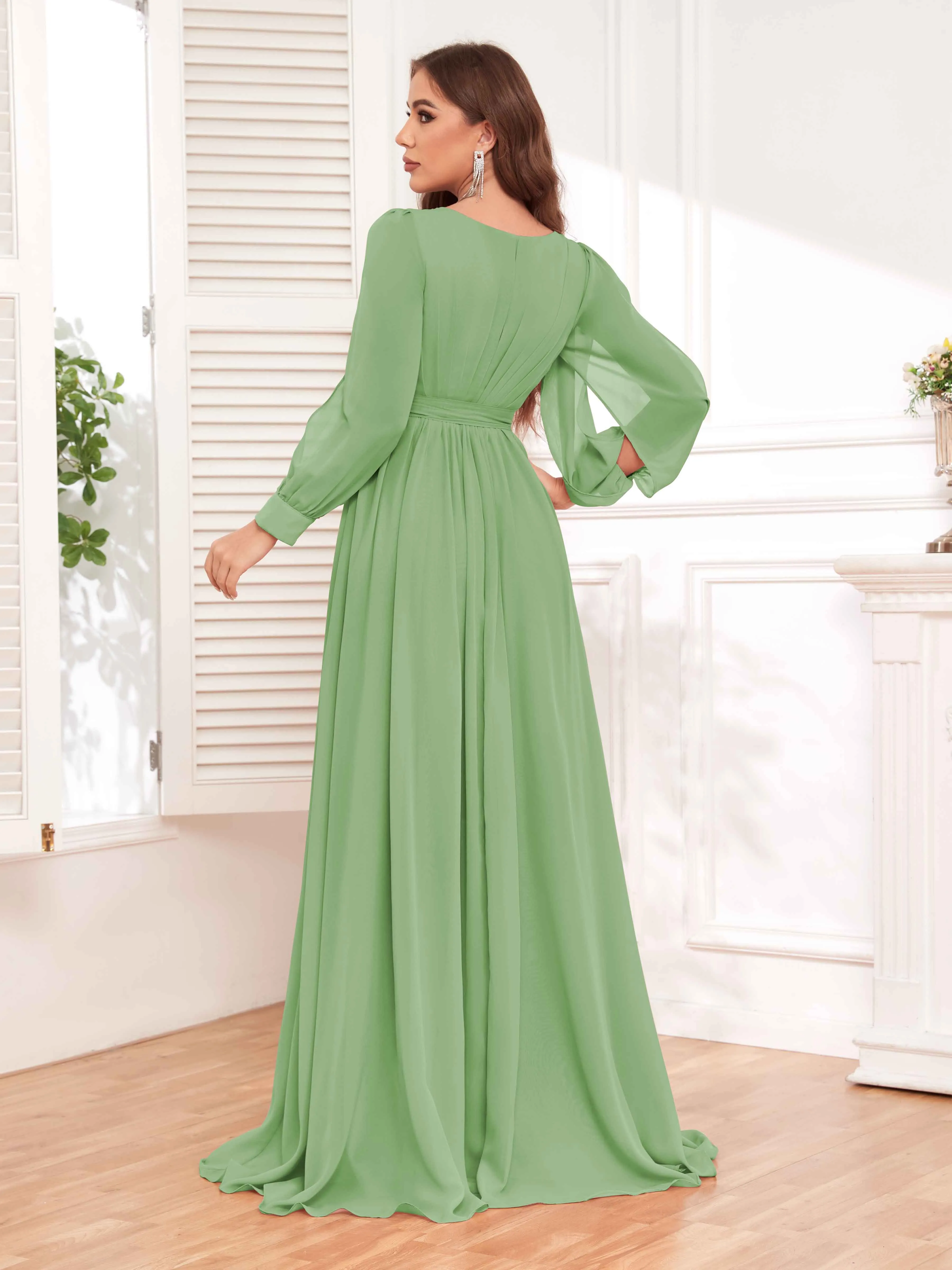 Adaline Flattering Slit Sleeves Long Chiffon Bridesmaid Dresses