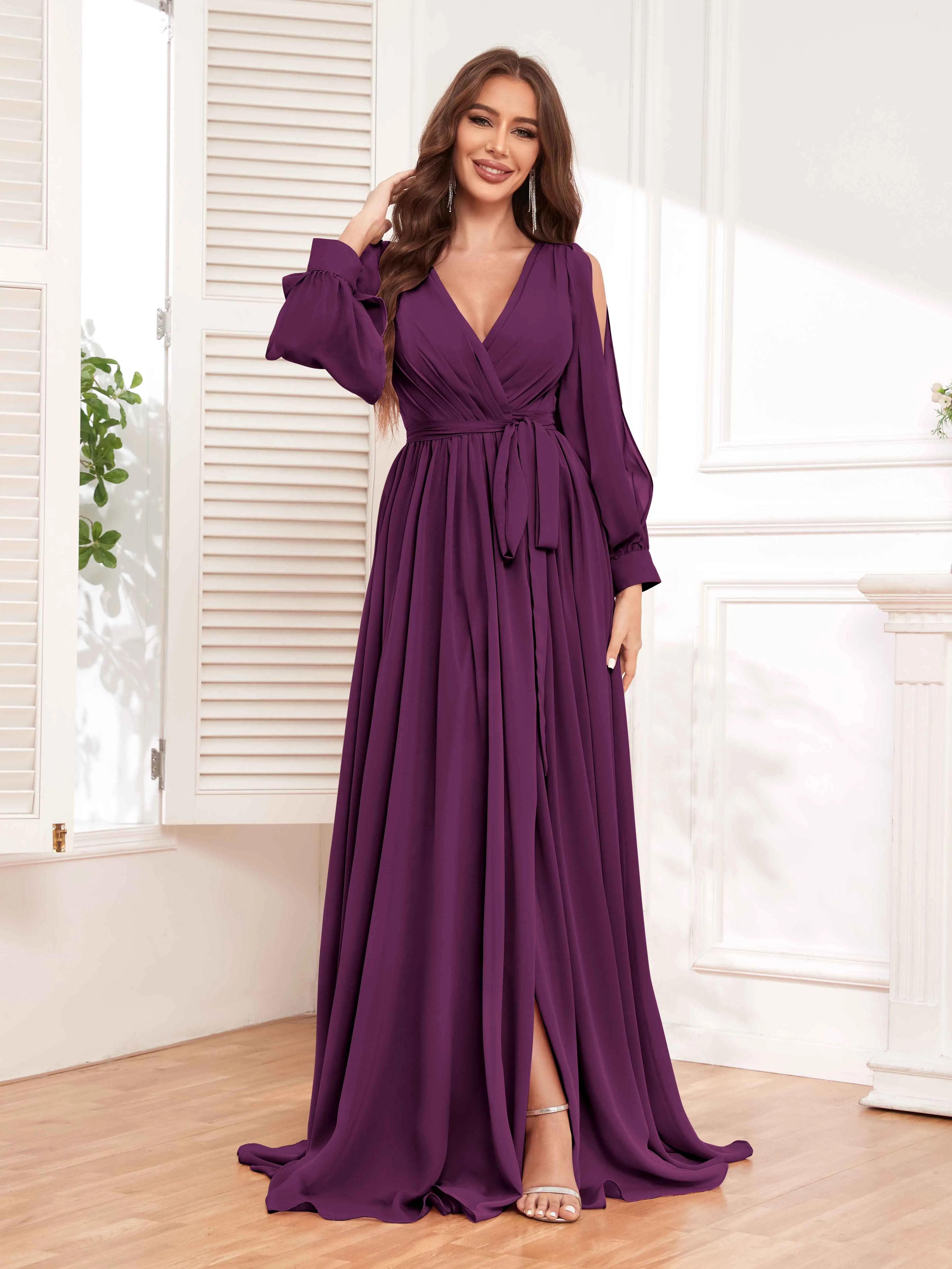 Adaline Flattering Slit Sleeves Long Chiffon Bridesmaid Dresses