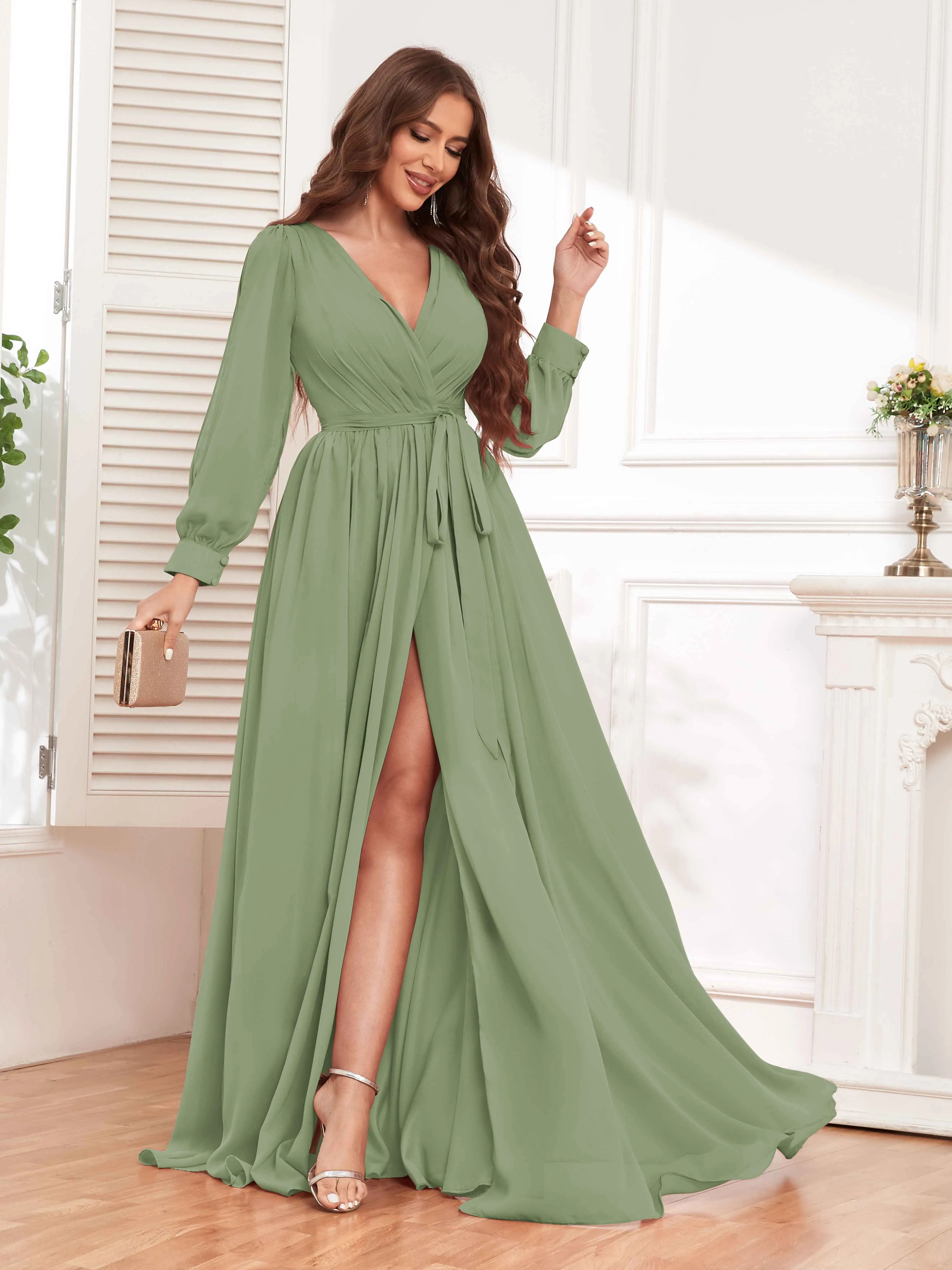 Adaline Flattering Slit Sleeves Long Chiffon Bridesmaid Dresses