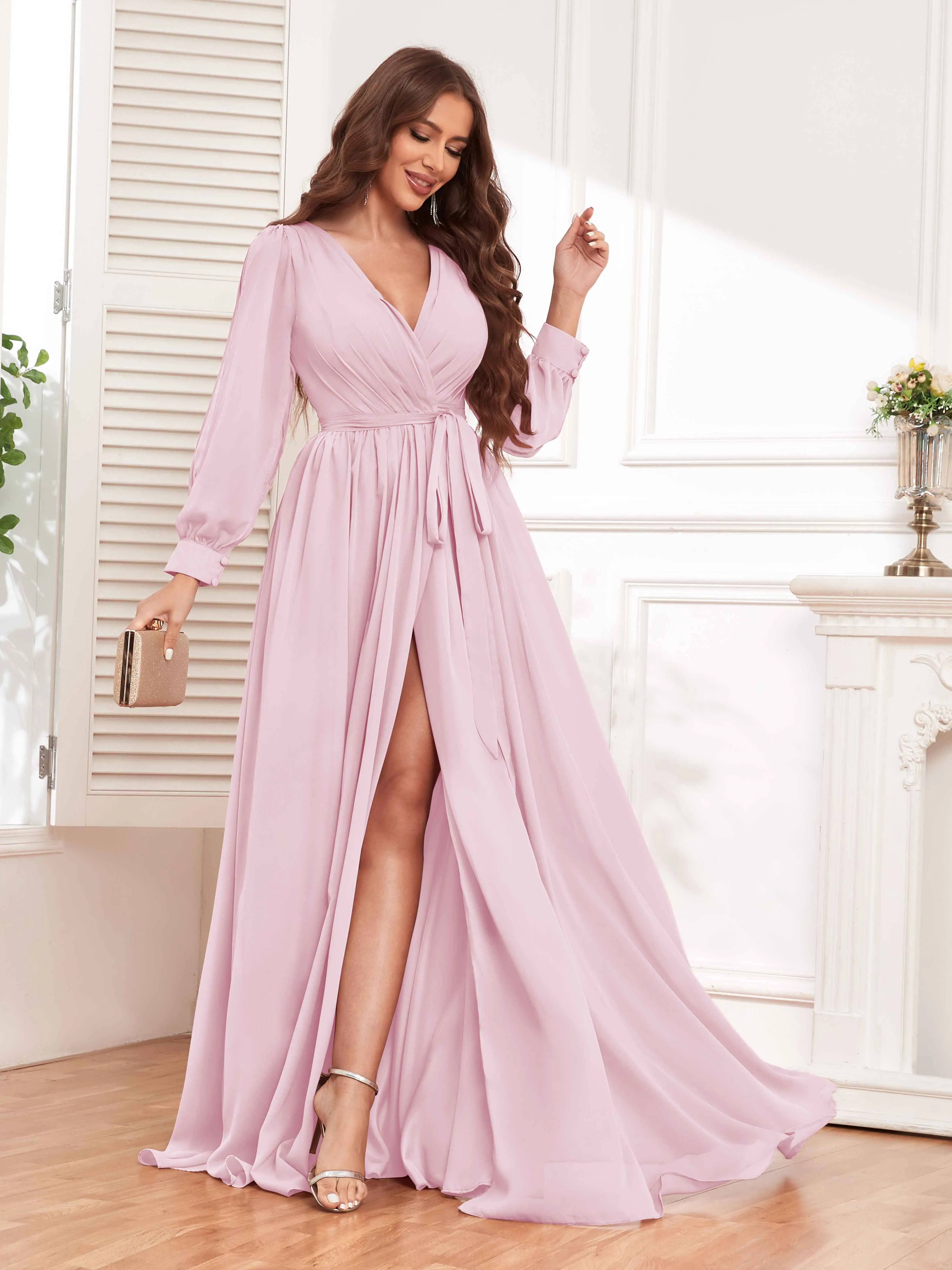 Adaline Flattering Slit Sleeves Long Chiffon Bridesmaid Dresses