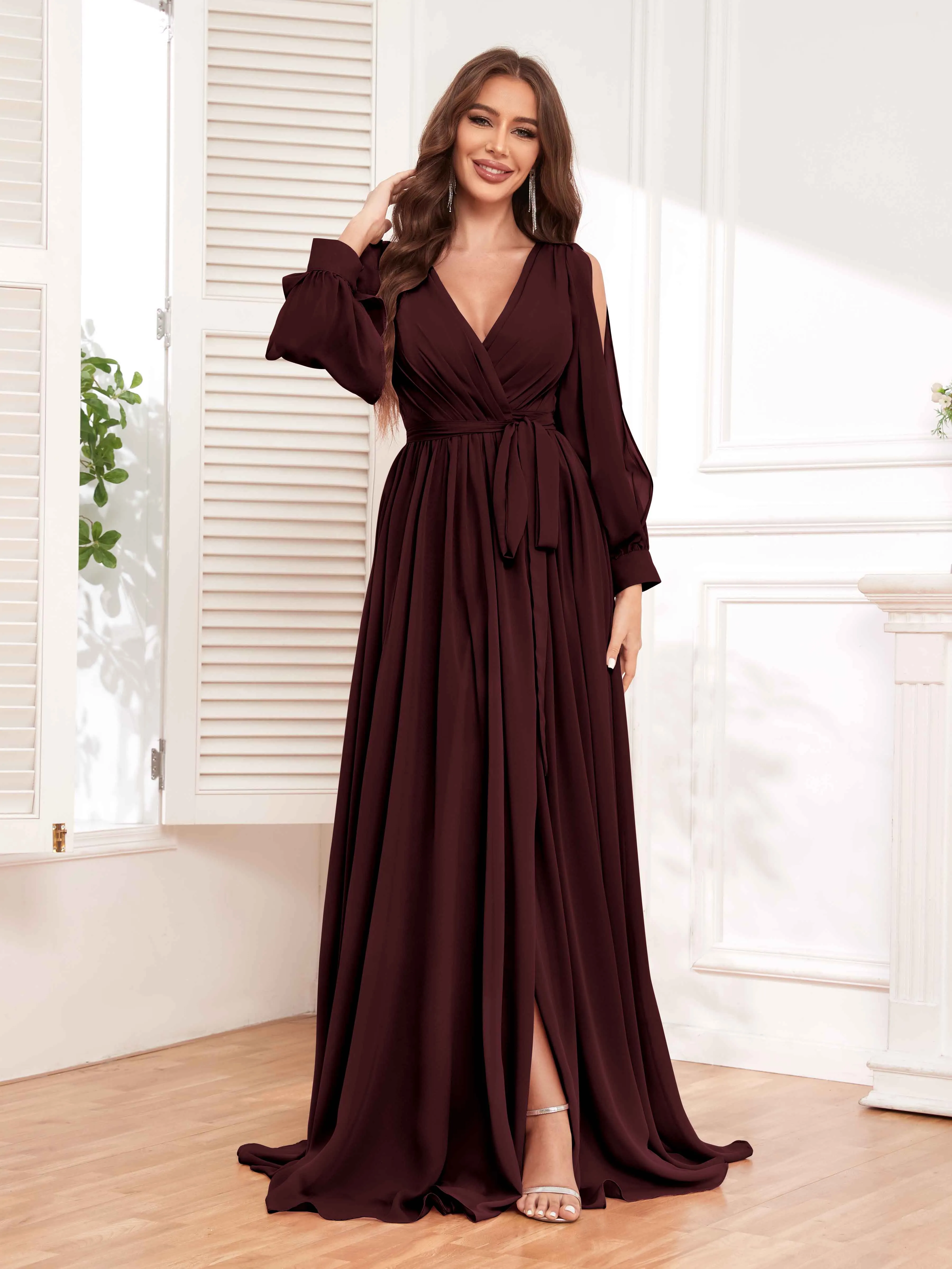 Adaline Flattering Slit Sleeves Long Chiffon Bridesmaid Dresses