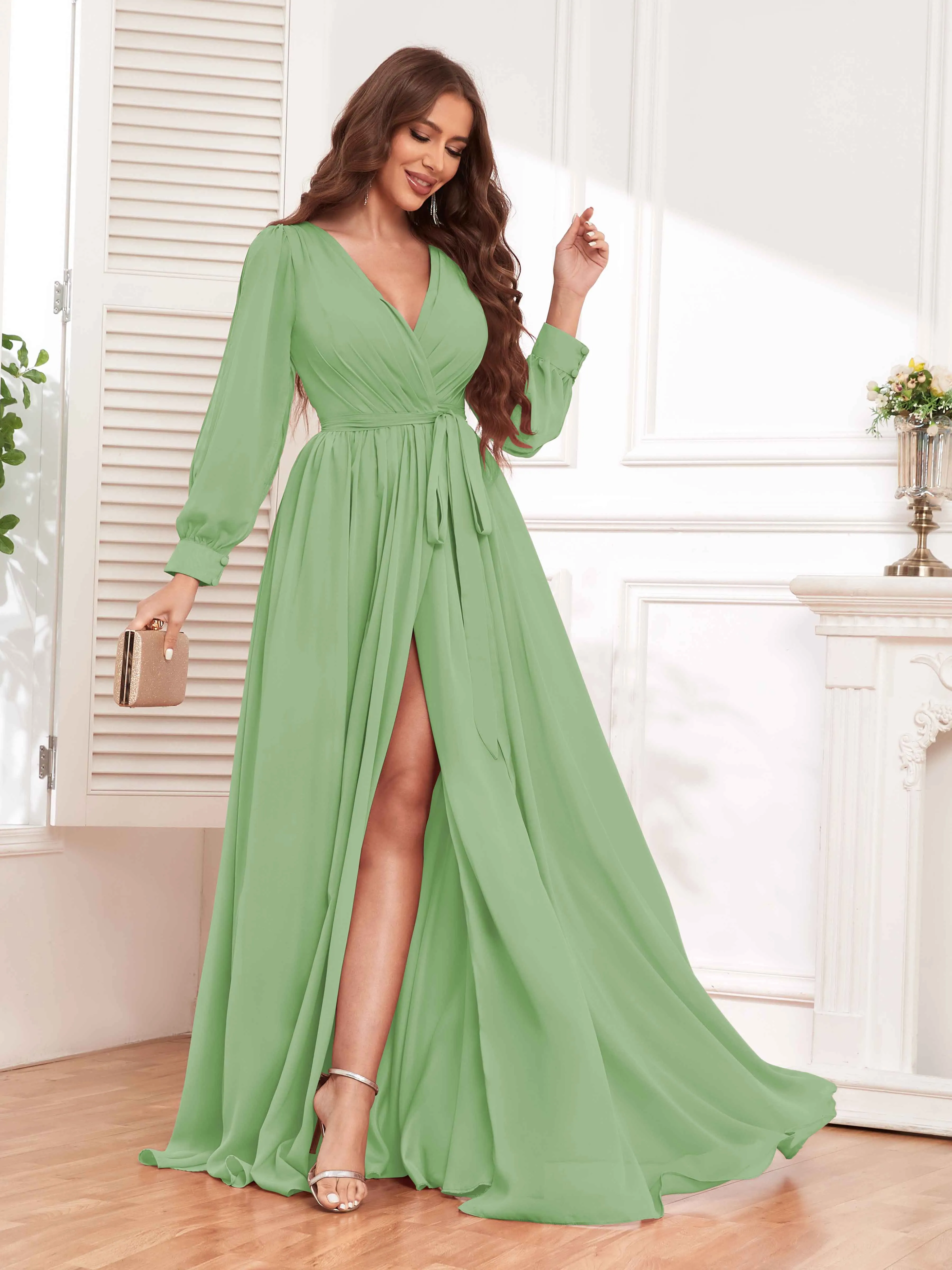 Adaline Flattering Slit Sleeves Long Chiffon Bridesmaid Dresses