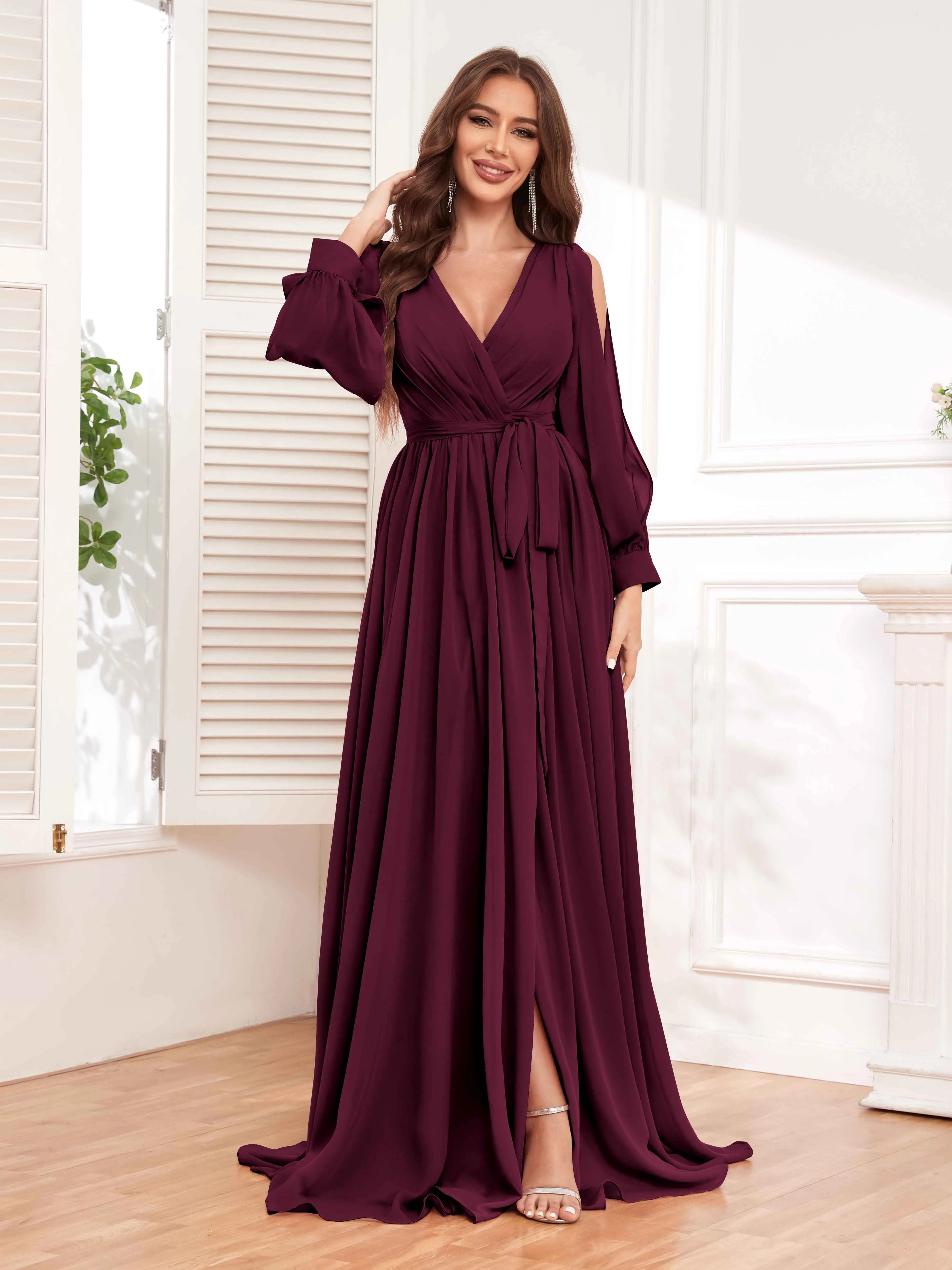 Adaline Flattering Slit Sleeves Long Chiffon Bridesmaid Dresses