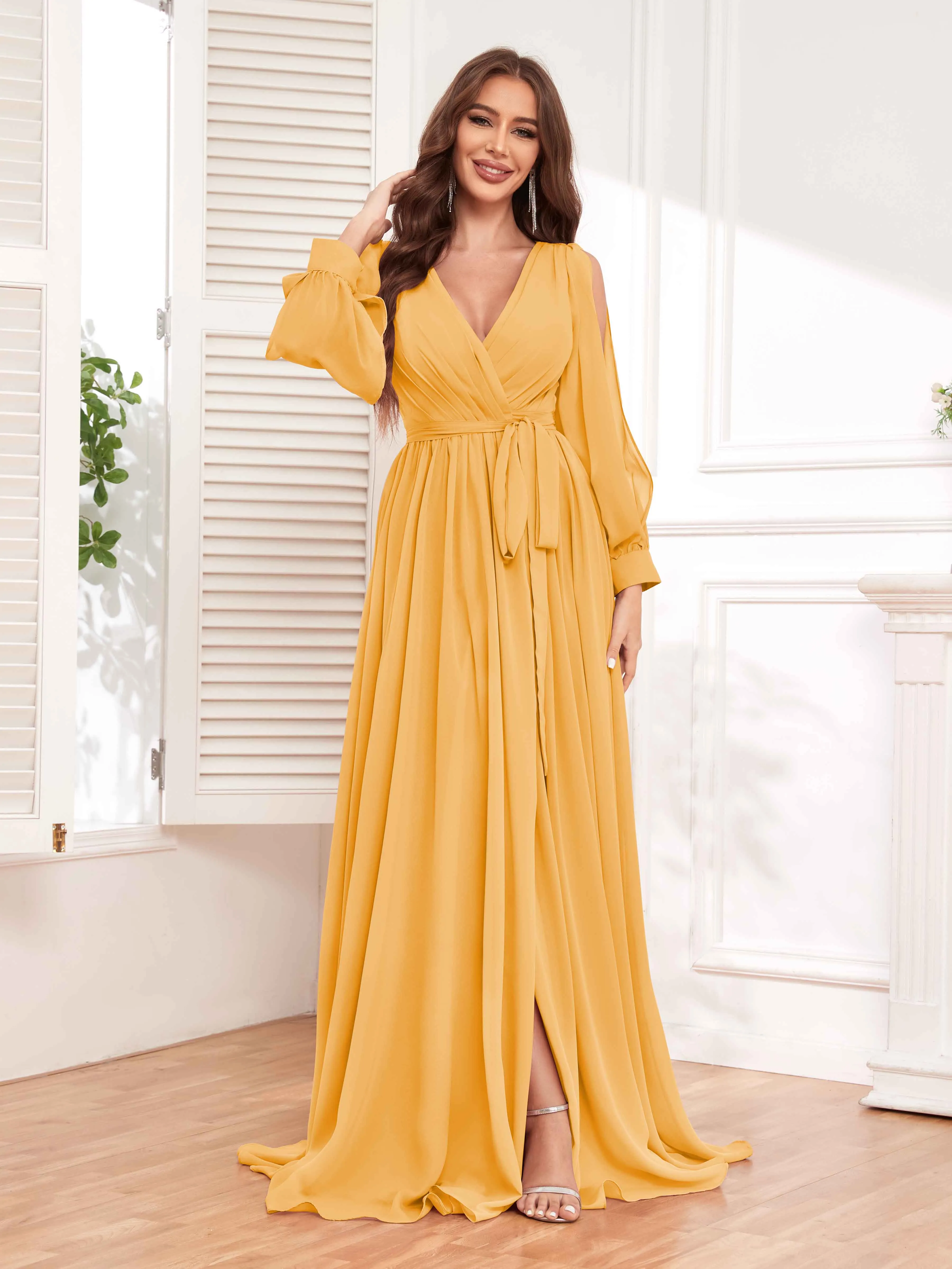 Adaline Flattering Slit Sleeves Long Chiffon Bridesmaid Dresses