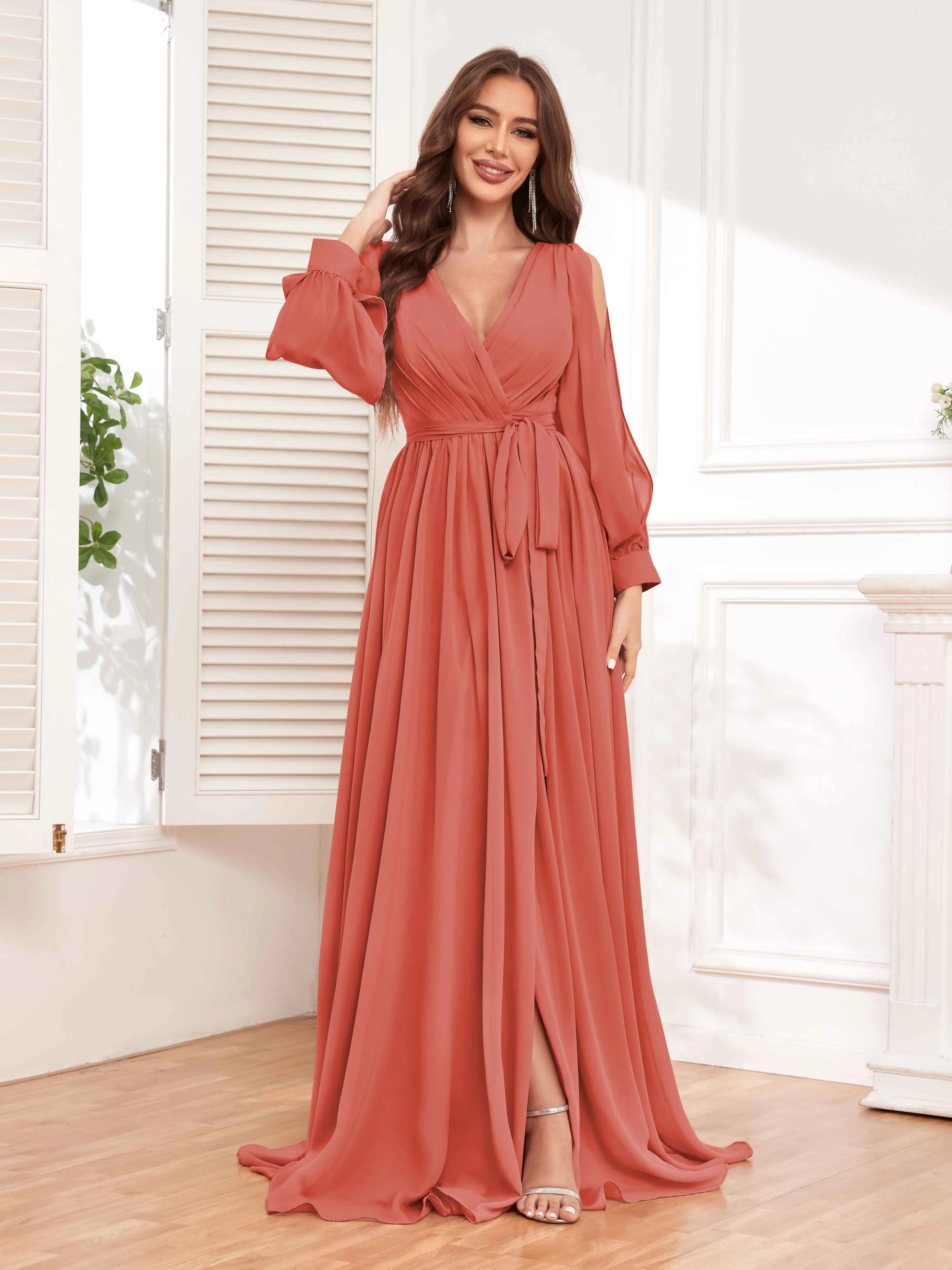 Adaline Flattering Slit Sleeves Long Chiffon Bridesmaid Dresses