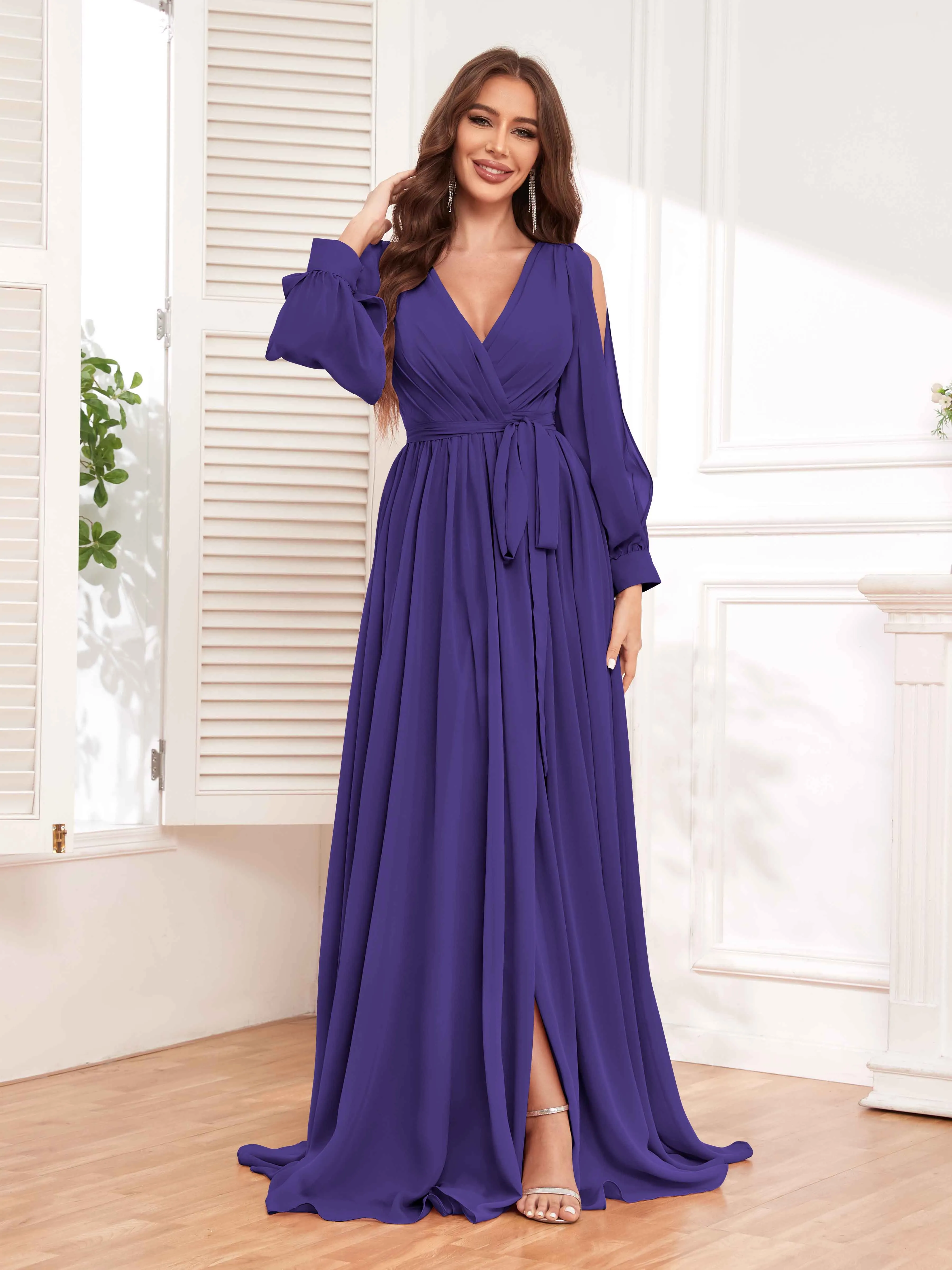 Adaline Flattering Slit Sleeves Long Chiffon Bridesmaid Dresses