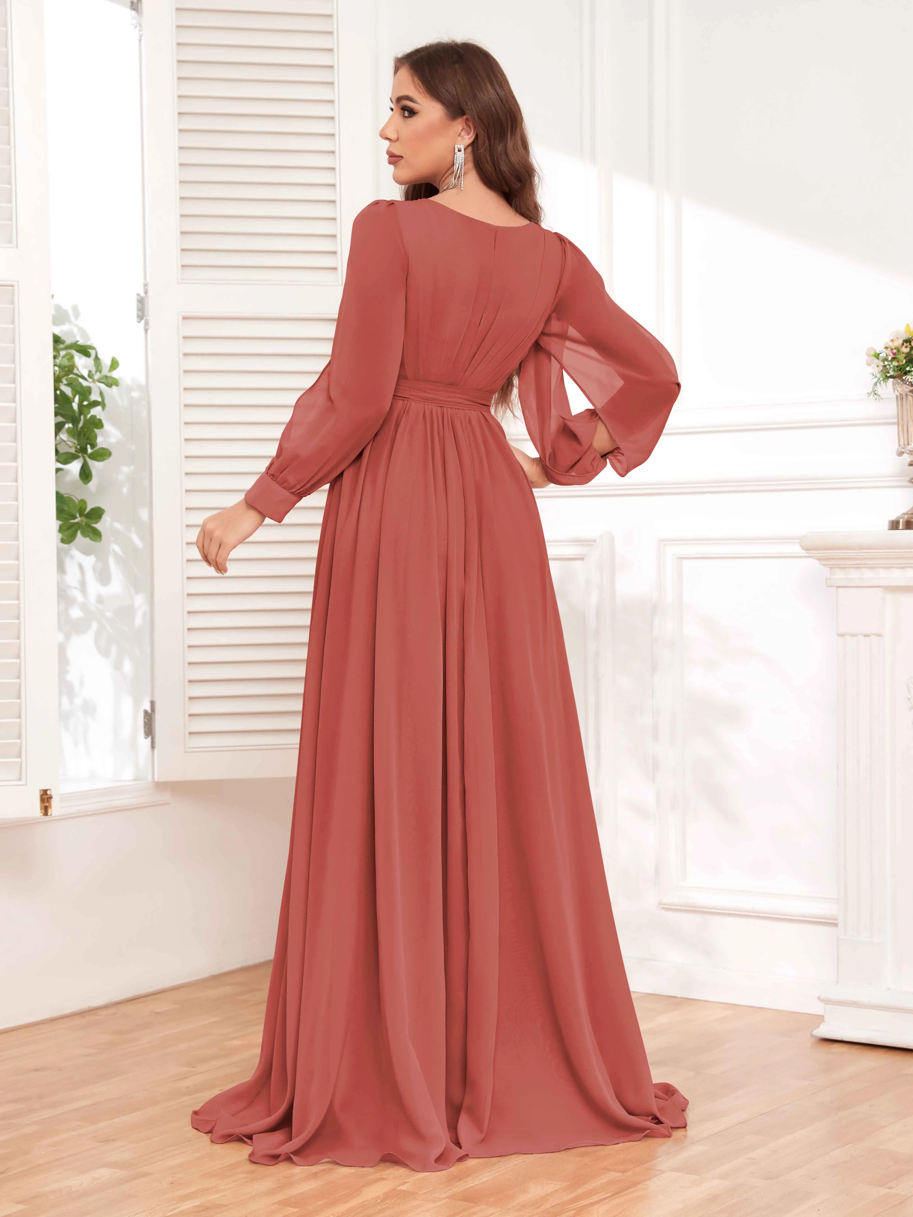 Adaline Flattering Slit Sleeves Long Chiffon Bridesmaid Dresses