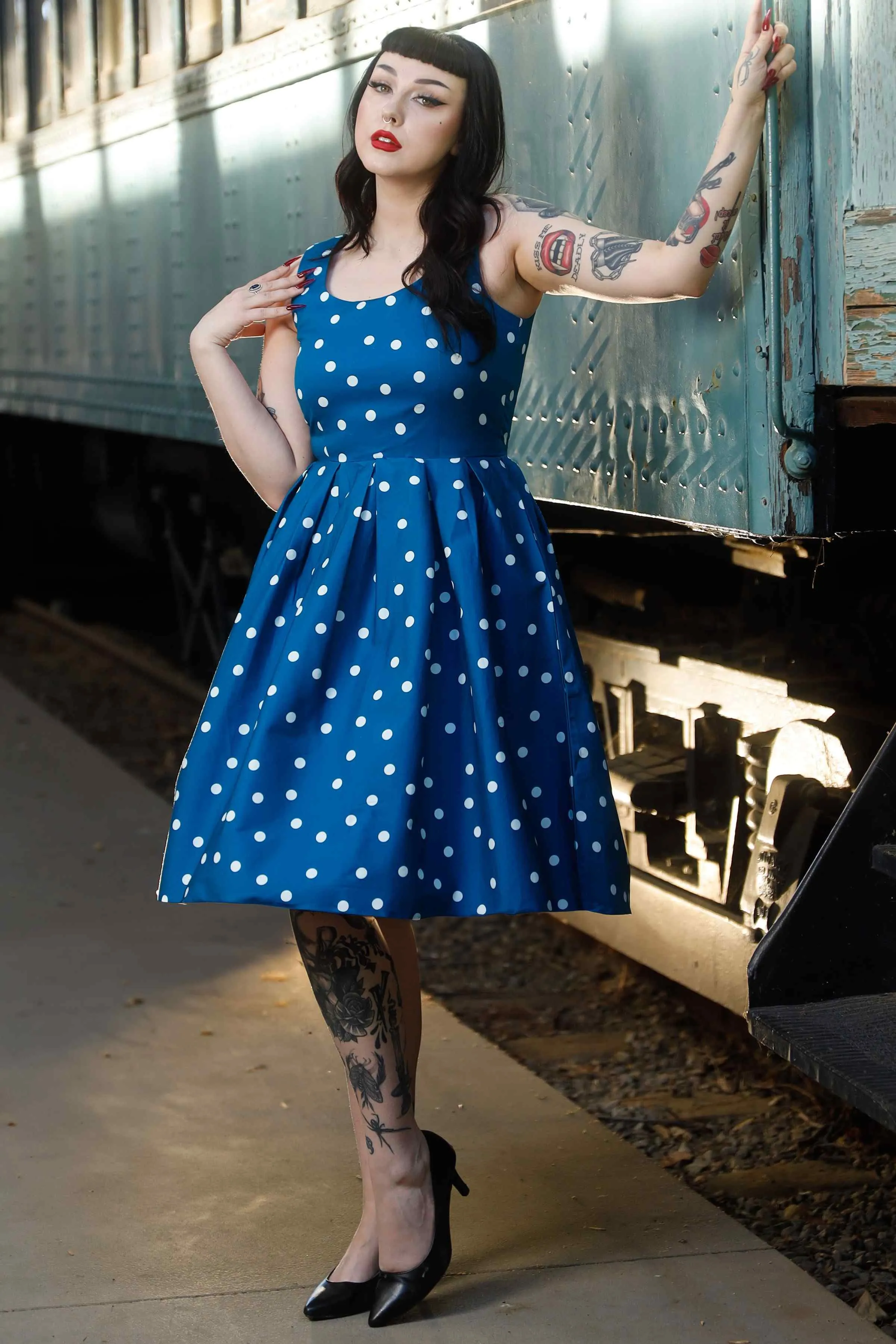 Amanda Polka Dot Swing Dress Peacock Blue & White