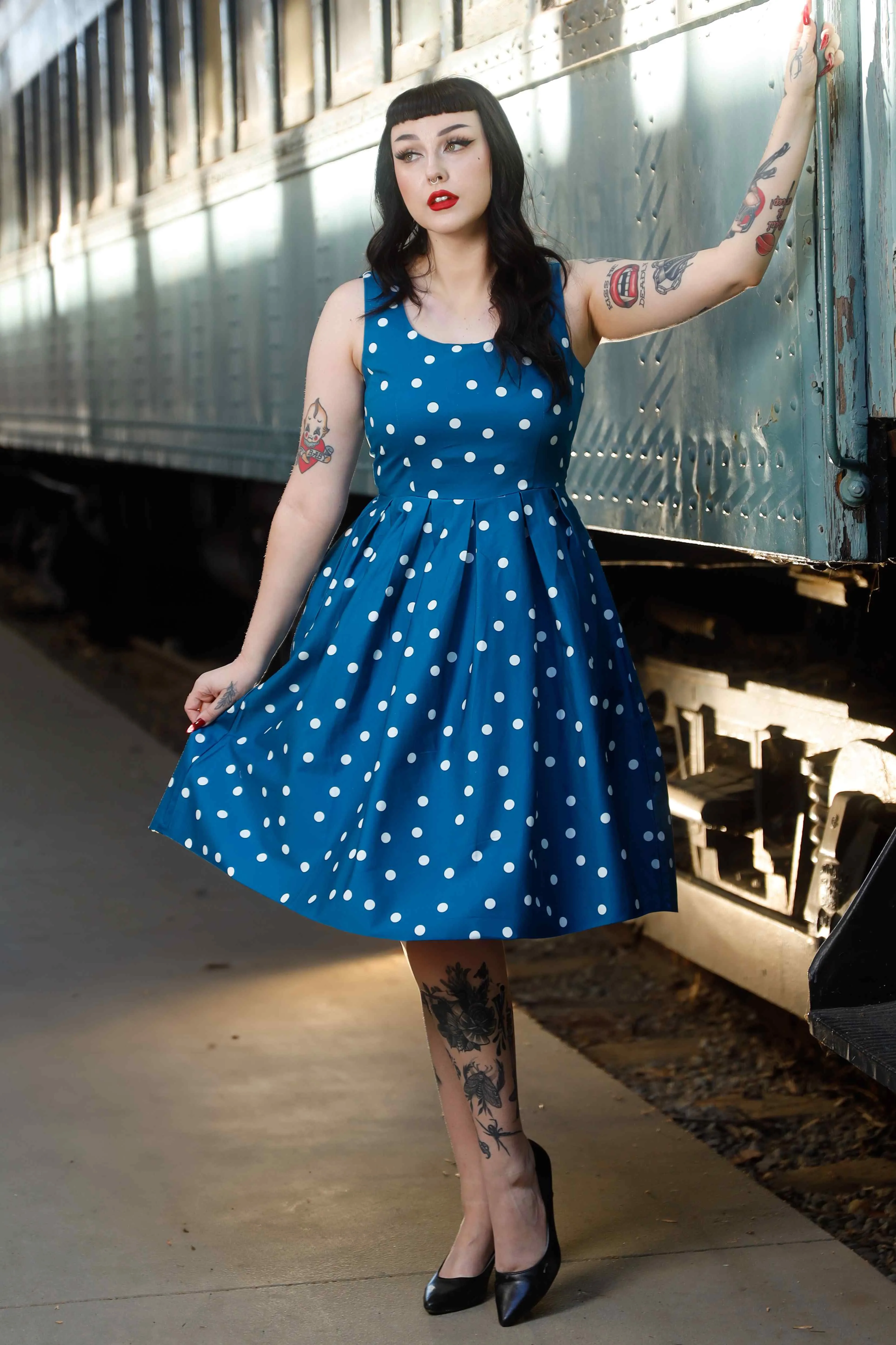 Amanda Polka Dot Swing Dress Peacock Blue & White