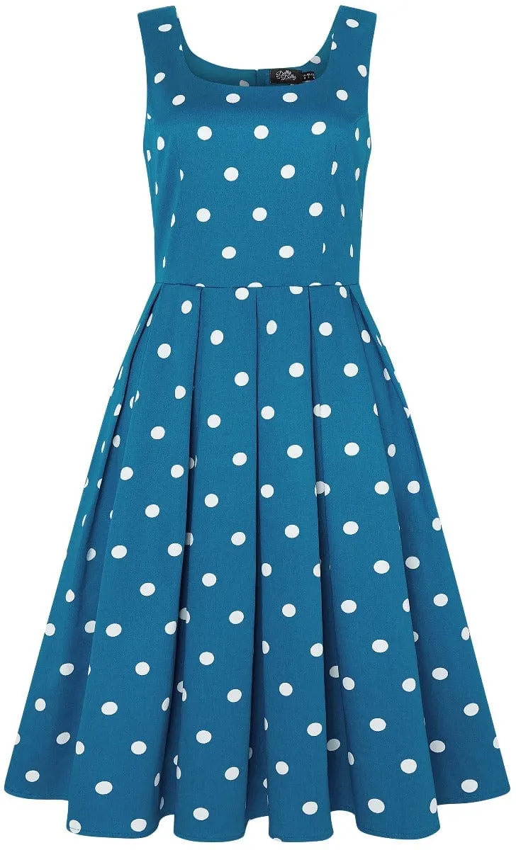 Amanda Polka Dot Swing Dress Peacock Blue & White