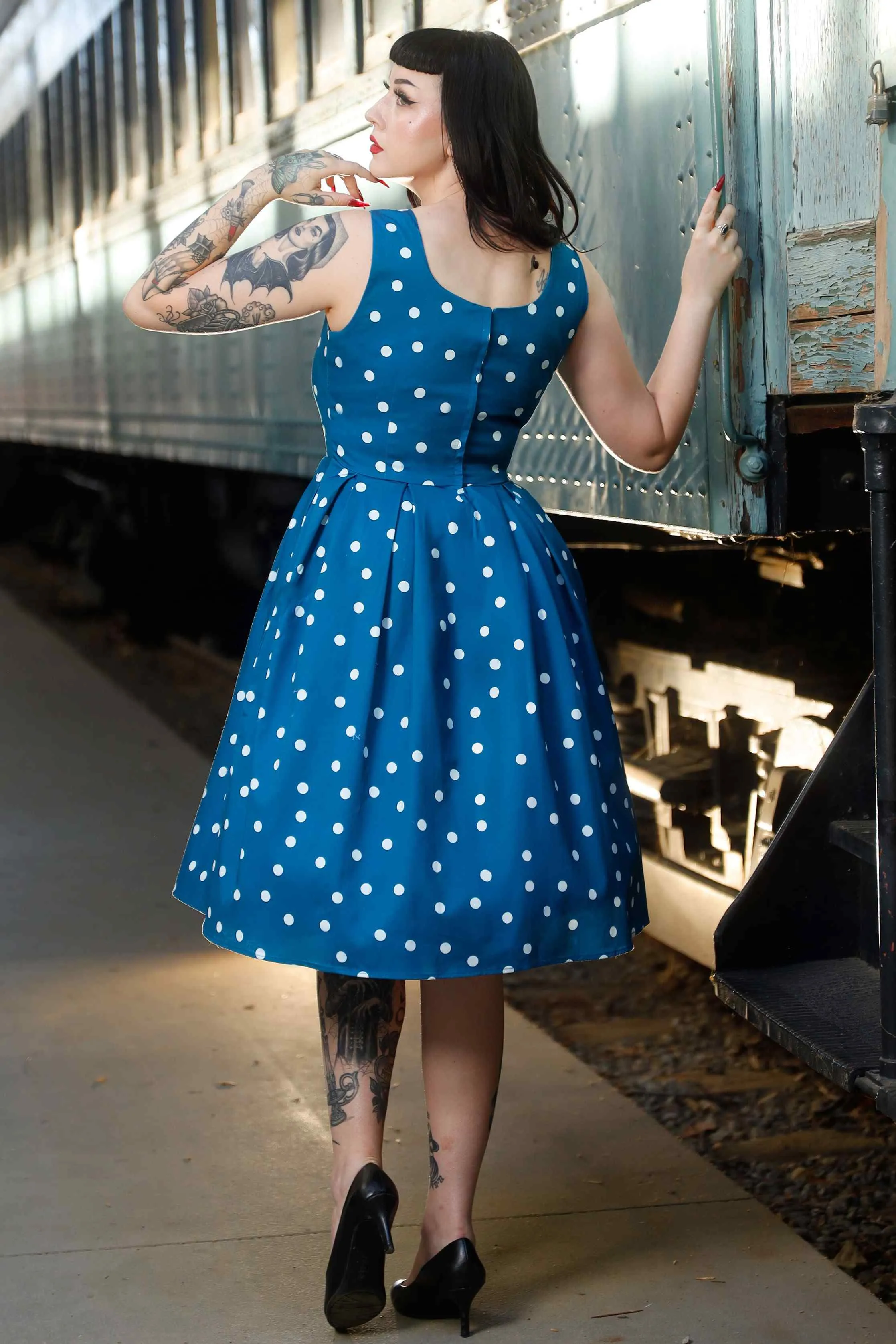 Amanda Polka Dot Swing Dress Peacock Blue & White