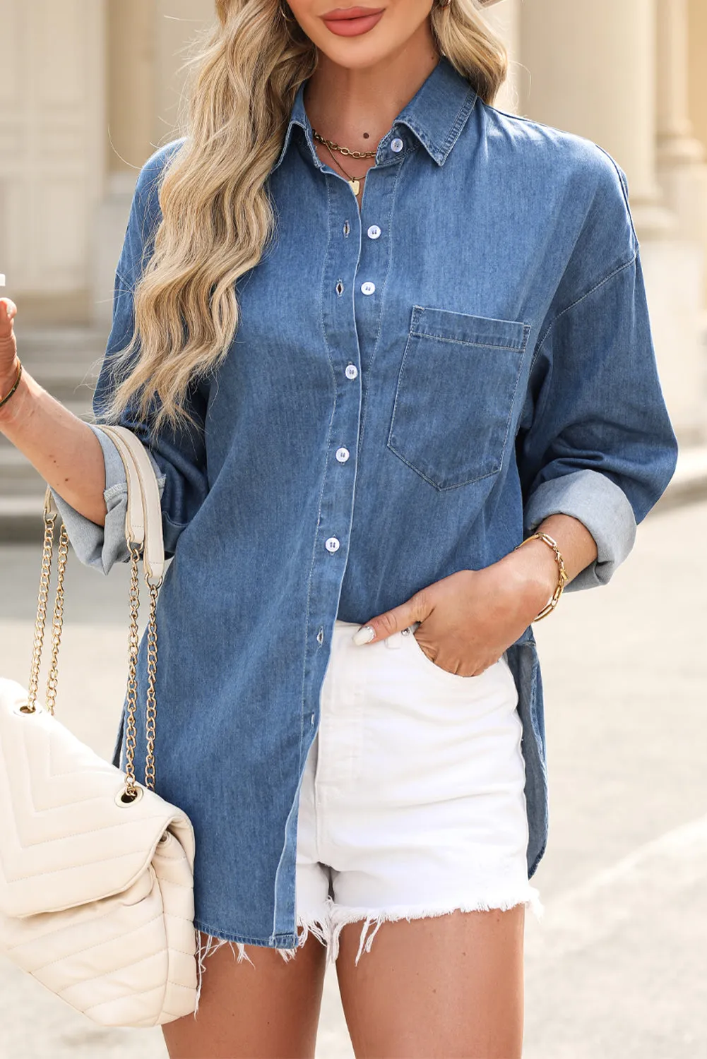 Beau Blue Solid Color Oversized Patched Pocket Buttoned Shirt