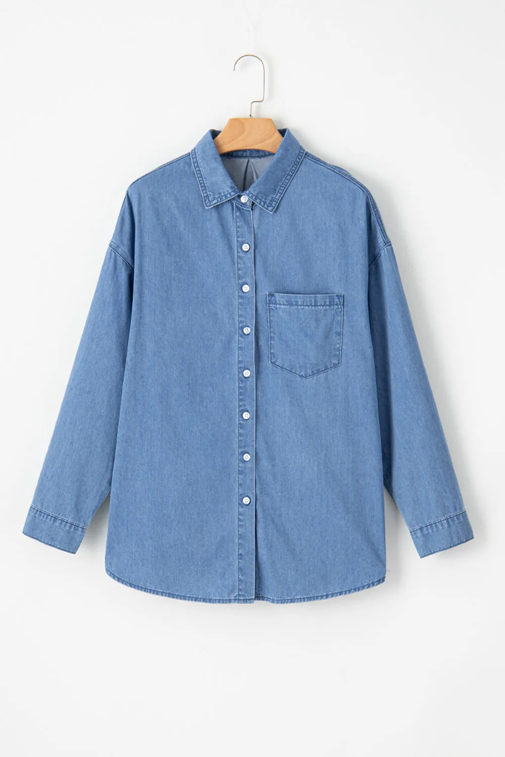 Beau Blue Solid Color Oversized Patched Pocket Buttoned Shirt