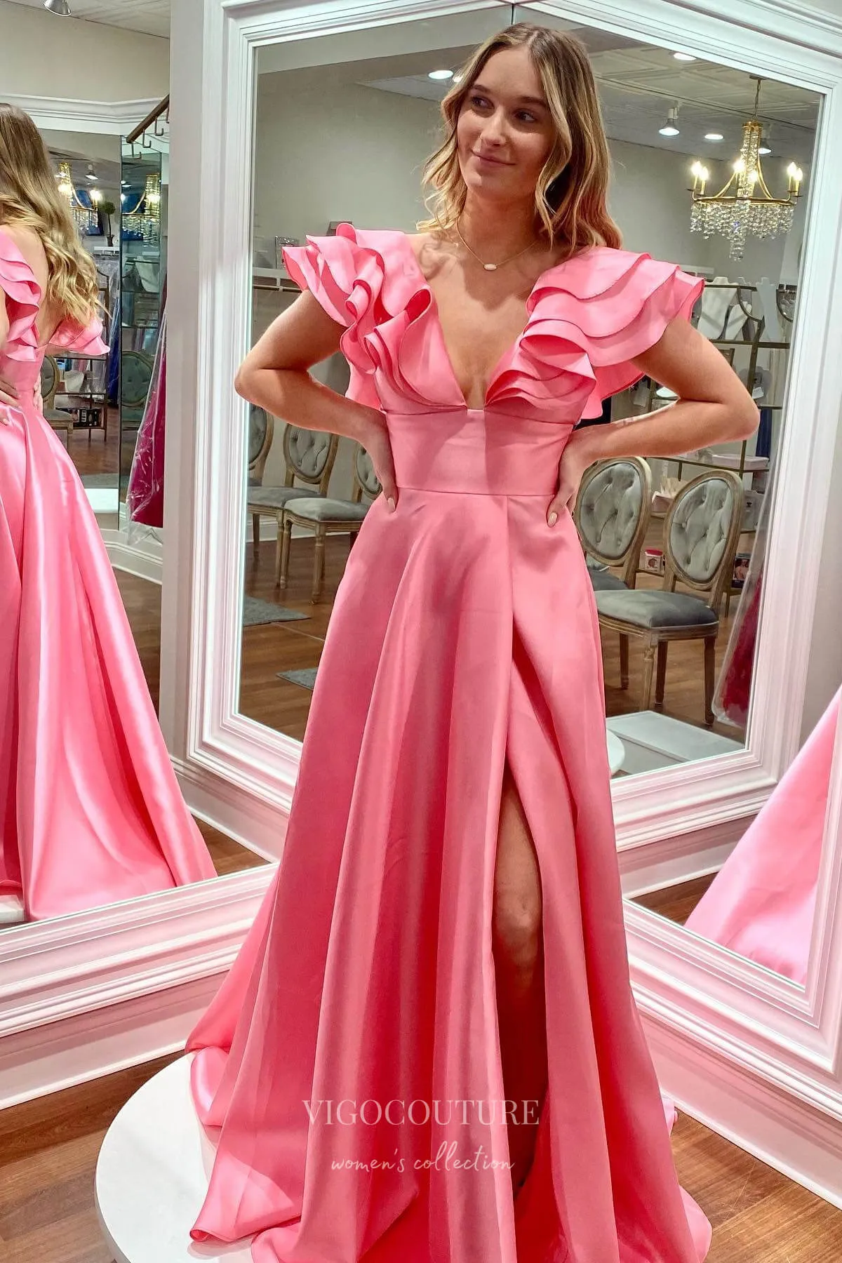 Beautiful Pink Satin Prom Dress with Flattering Slit and Ruffled Shoulder Detail 22191