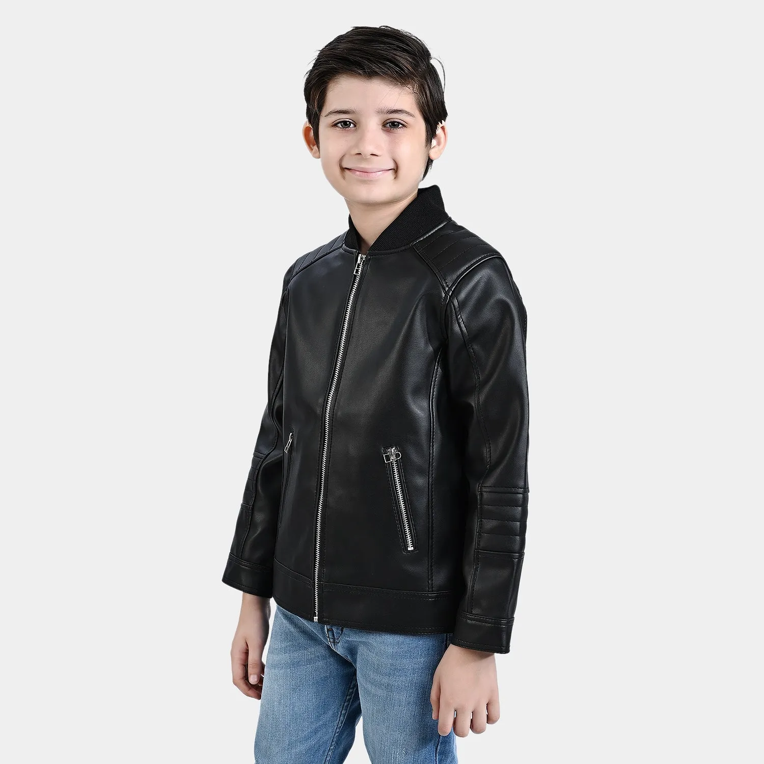 Boys Genuine PU Leather Jacket Biker-BLACK