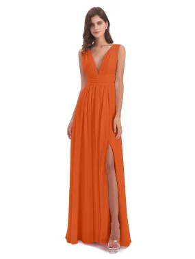 Burnt Orange Bridesmaid Dresses Charming Chiffon V Neck Split Long Bridesmaid Dresses