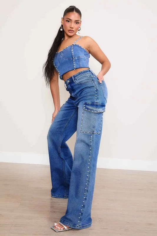 Chic Embellish High Waisted Stone Washed Jeans