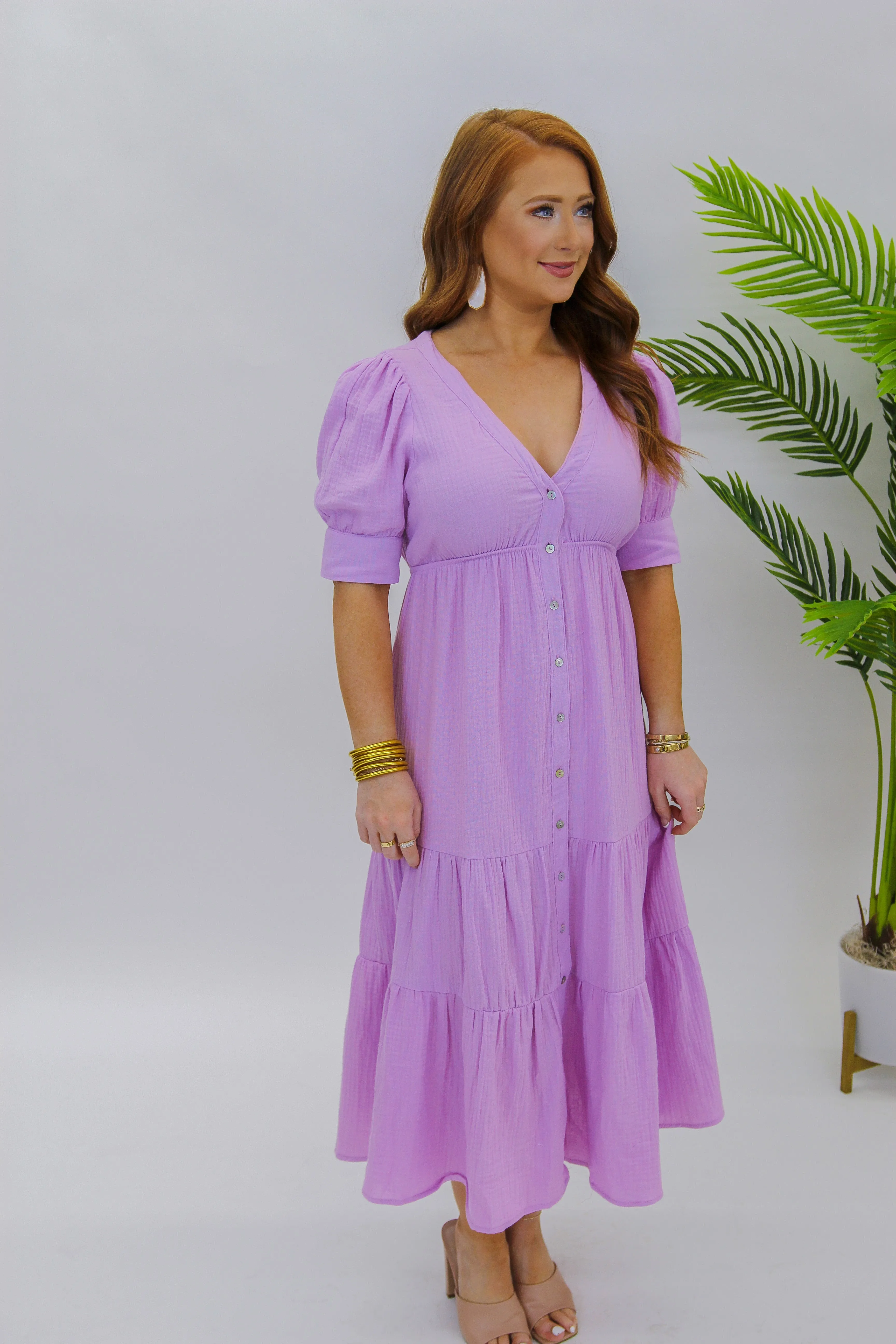 Chic Obsessions Button Midi Dress- Lavender