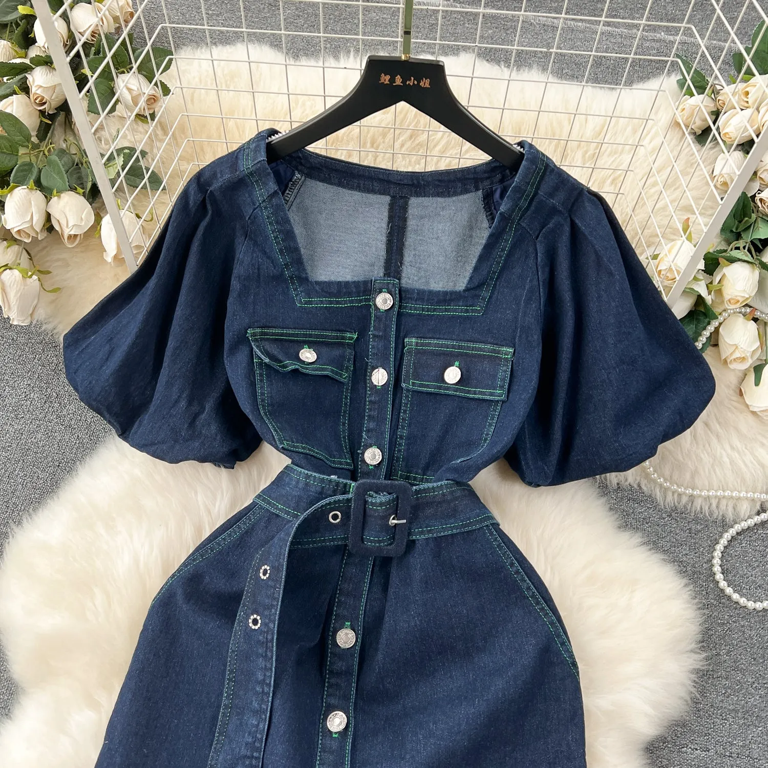 Chic Square Collar Denim Dress