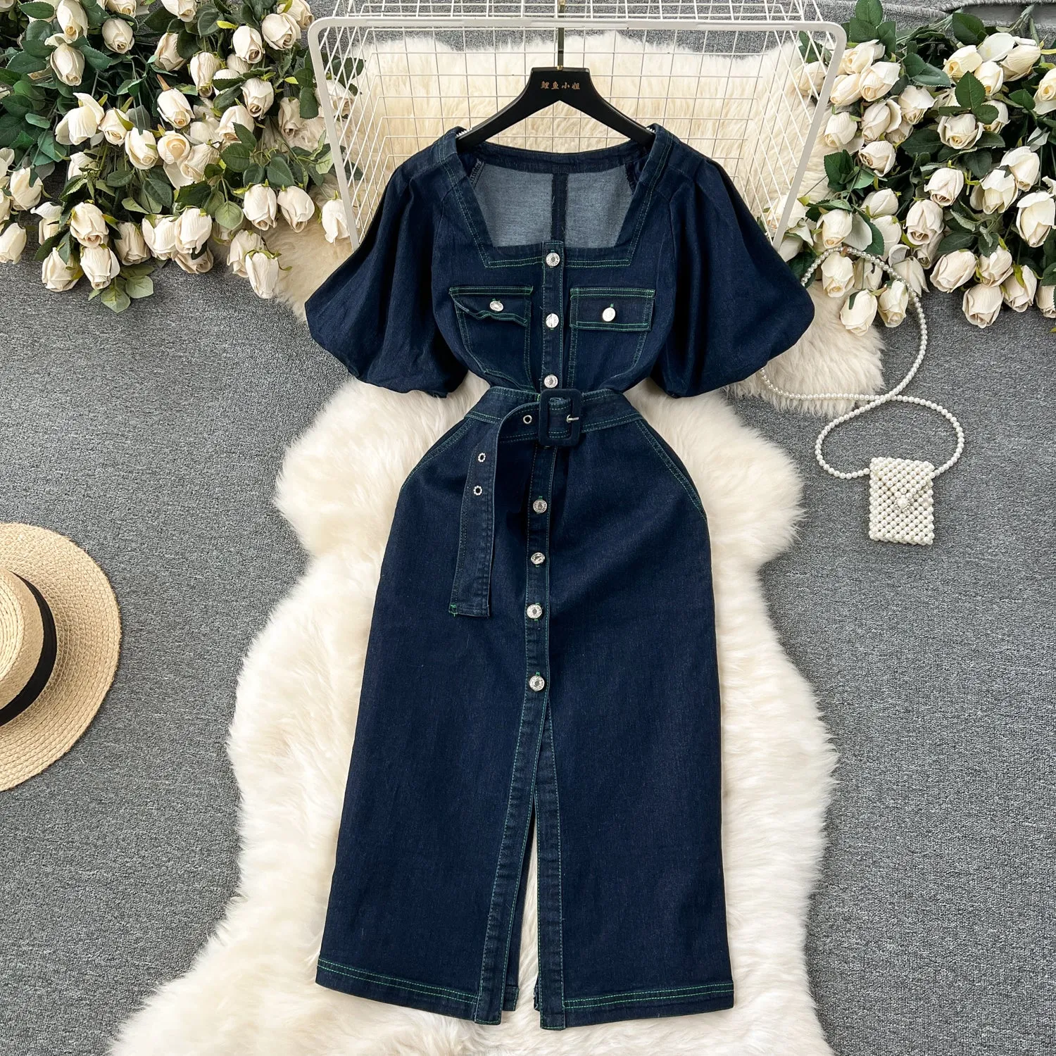 Chic Square Collar Denim Dress