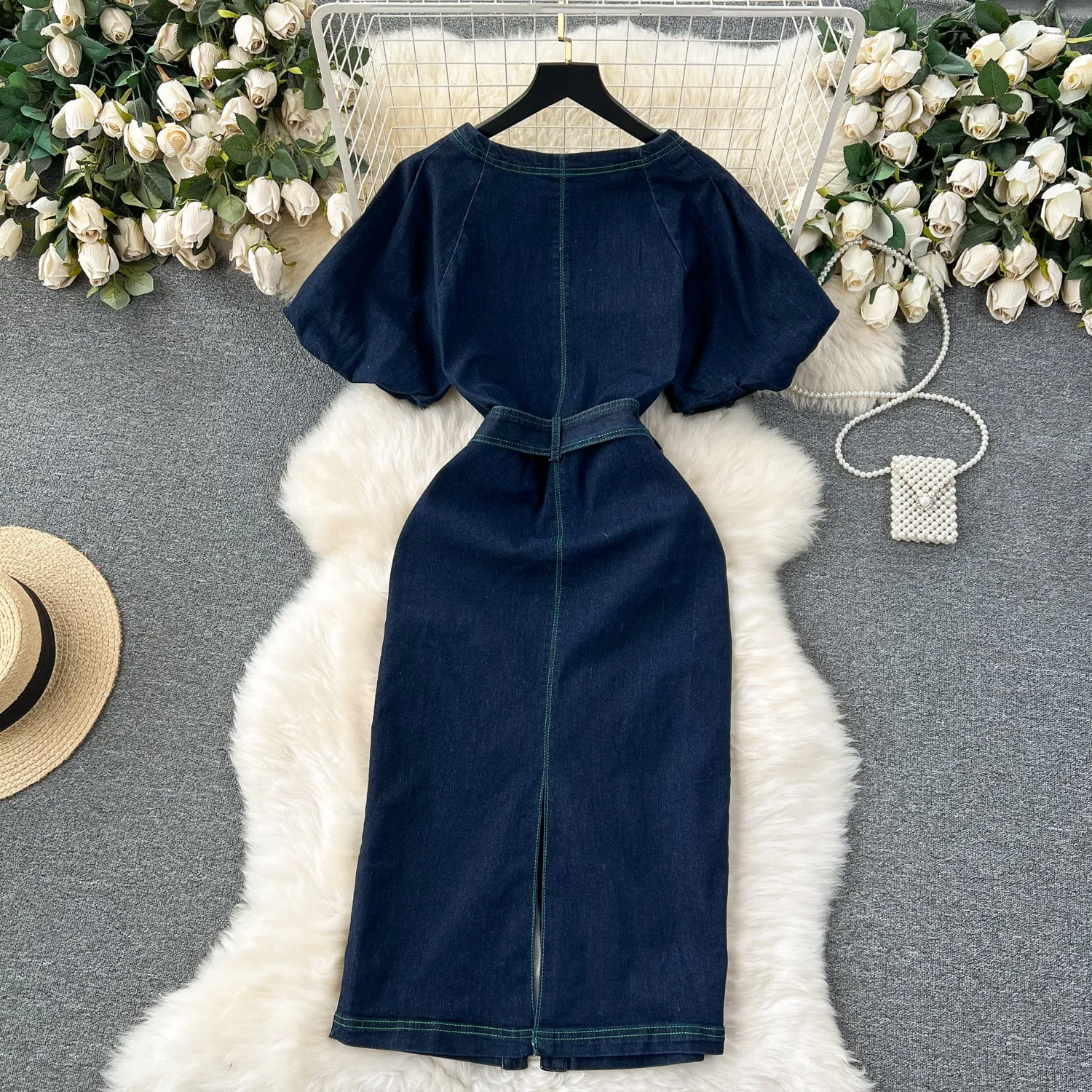 Chic Square Collar Denim Dress