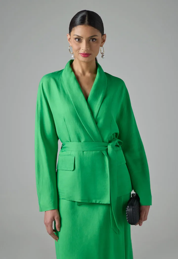 Choice Long Sleeve Belted Solid Blazer Green