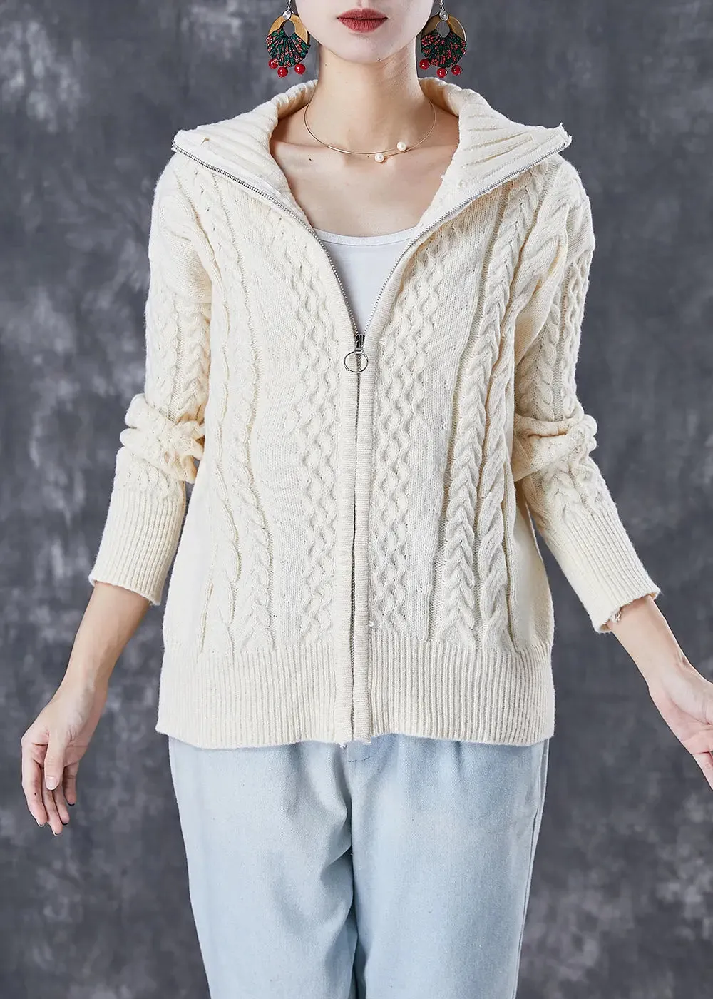 Classy Beige Zippered Thick Cable Knit Coats Fall ML3061